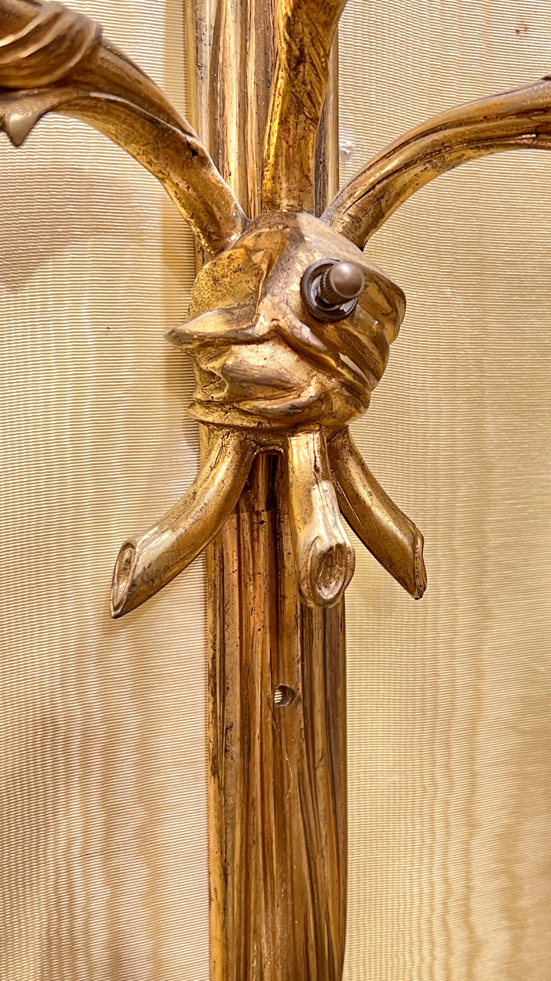 Pair Antique Gilt Bronze Three-Light Sconces in French Louis XV XVI Style For Sale 1