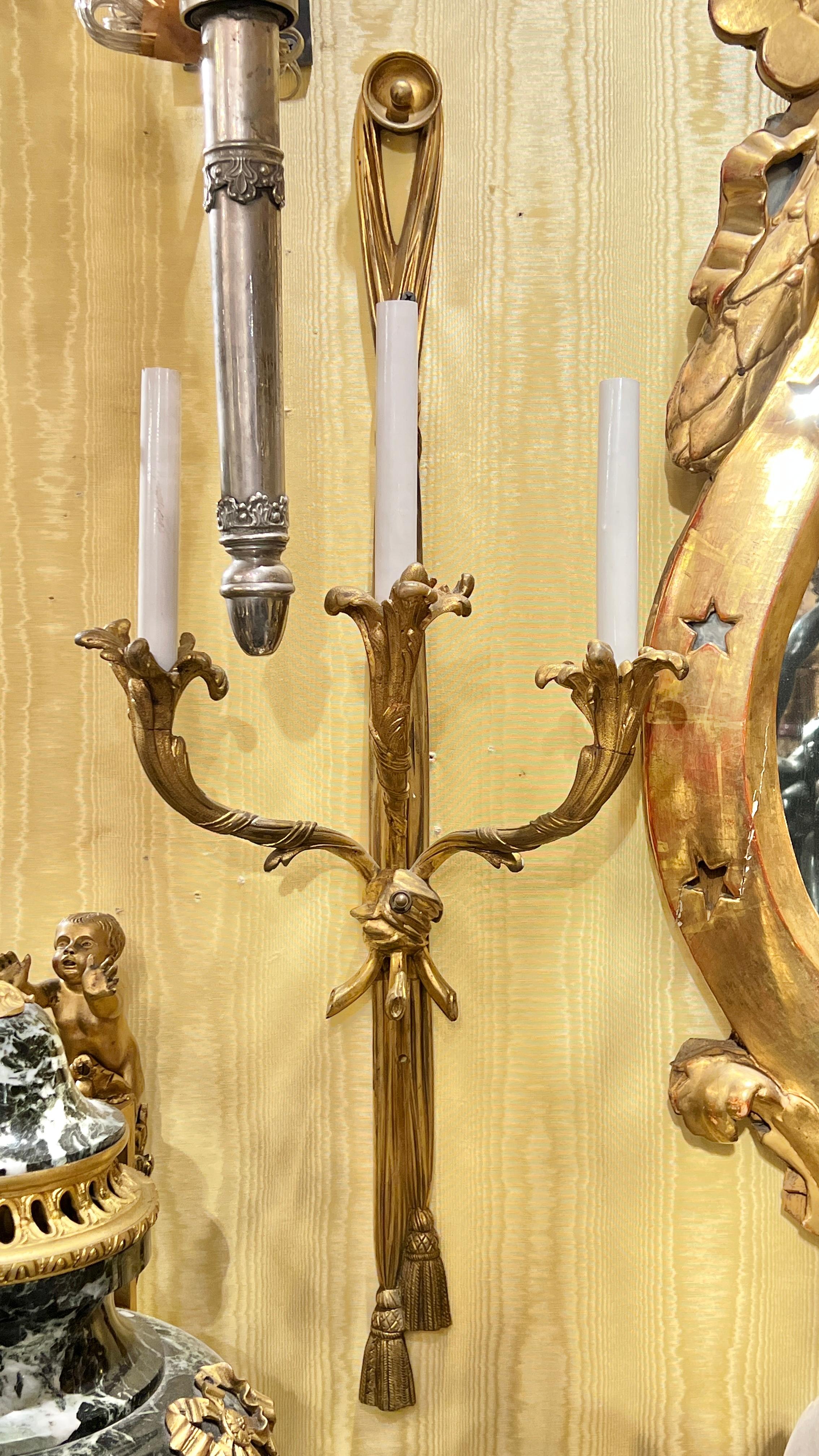 Pair Antique Gilt Bronze Three-Light Sconces in French Louis XV XVI Style For Sale 2