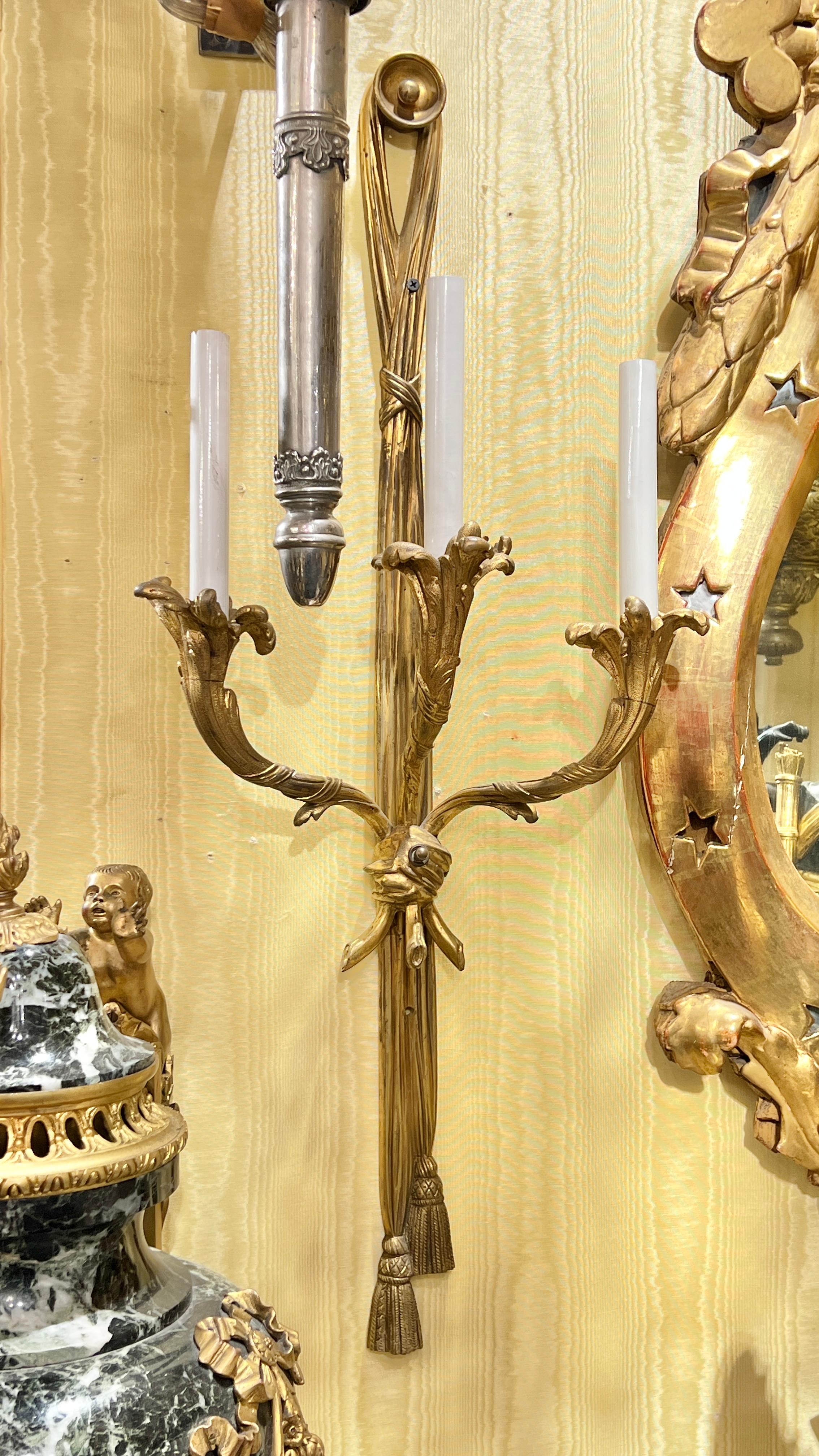 Pair Antique Gilt Bronze Three-Light Sconces in French Louis XV XVI Style For Sale 3