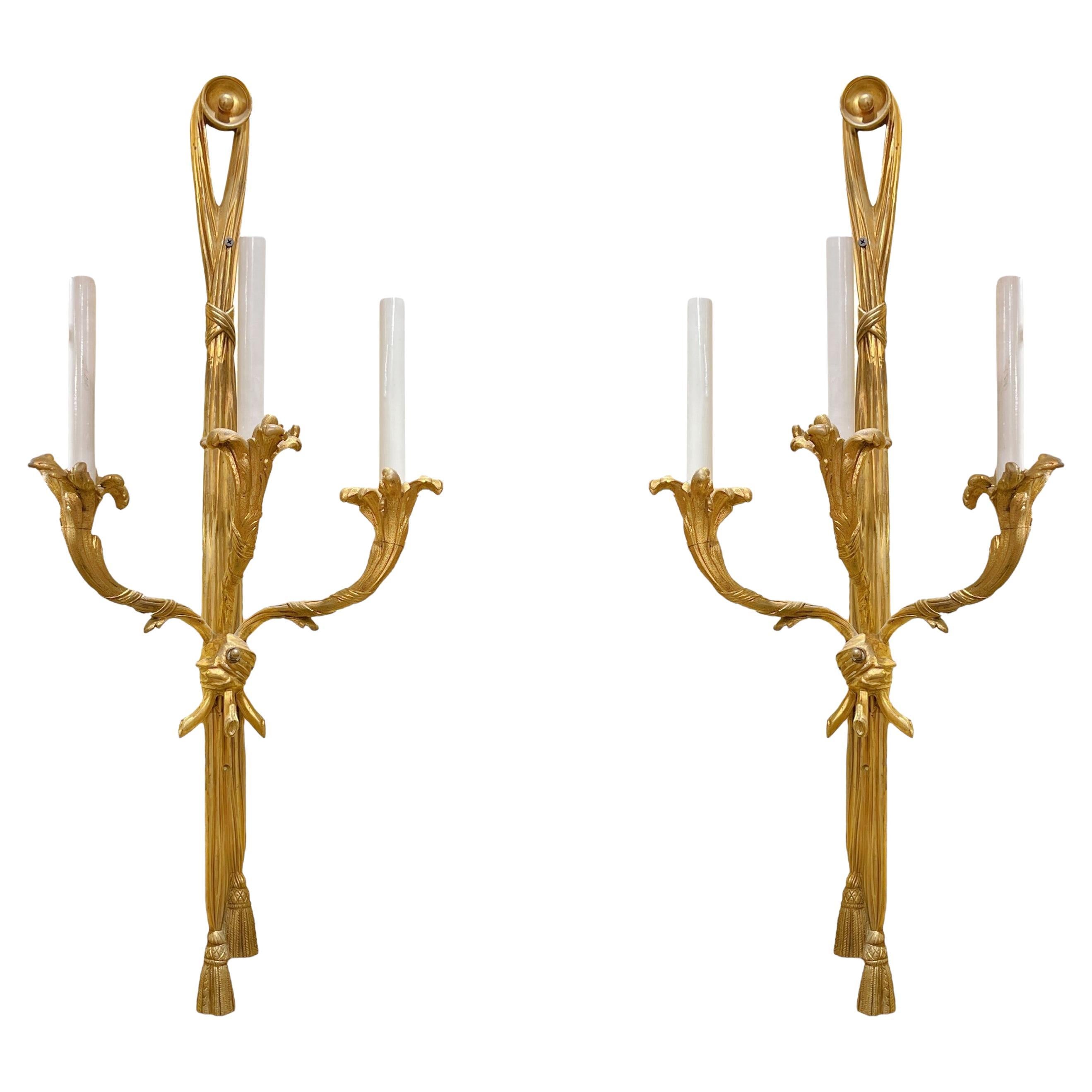 Pair Antique Gilt Bronze Three-Light Sconces in French Louis XV XVI Style For Sale