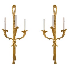 Pair Antique Gilt Bronze Three-Light Sconces in French Louis XV XVI Style