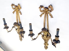 Pair Antique Gilt Bronze Two-Light Wall Sconce w/ Cherub Louis XVI Style NICE