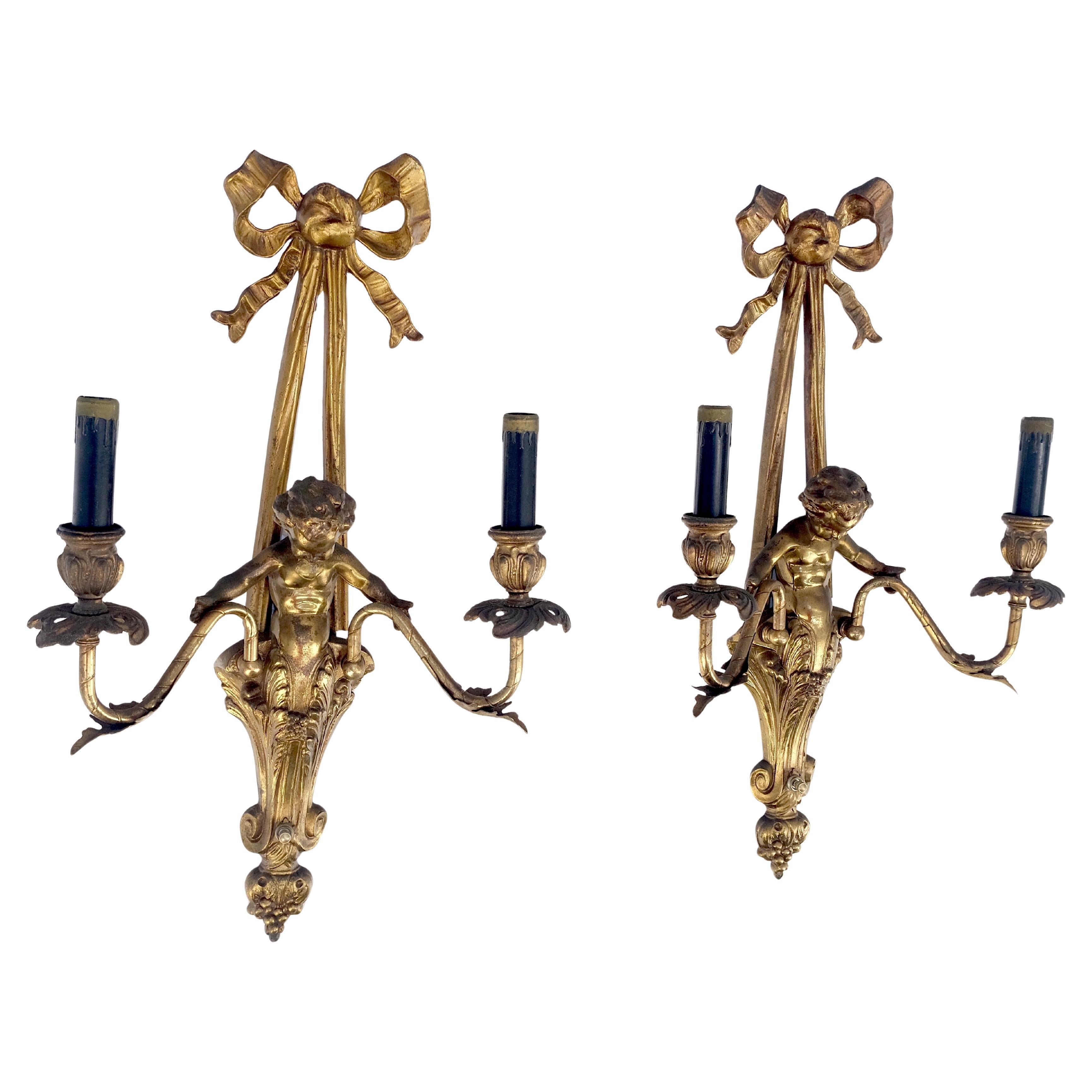 Pair Antique Gilt Bronze Two-Light Wall Sconce w/ Cherub Louis XVI Style NICE