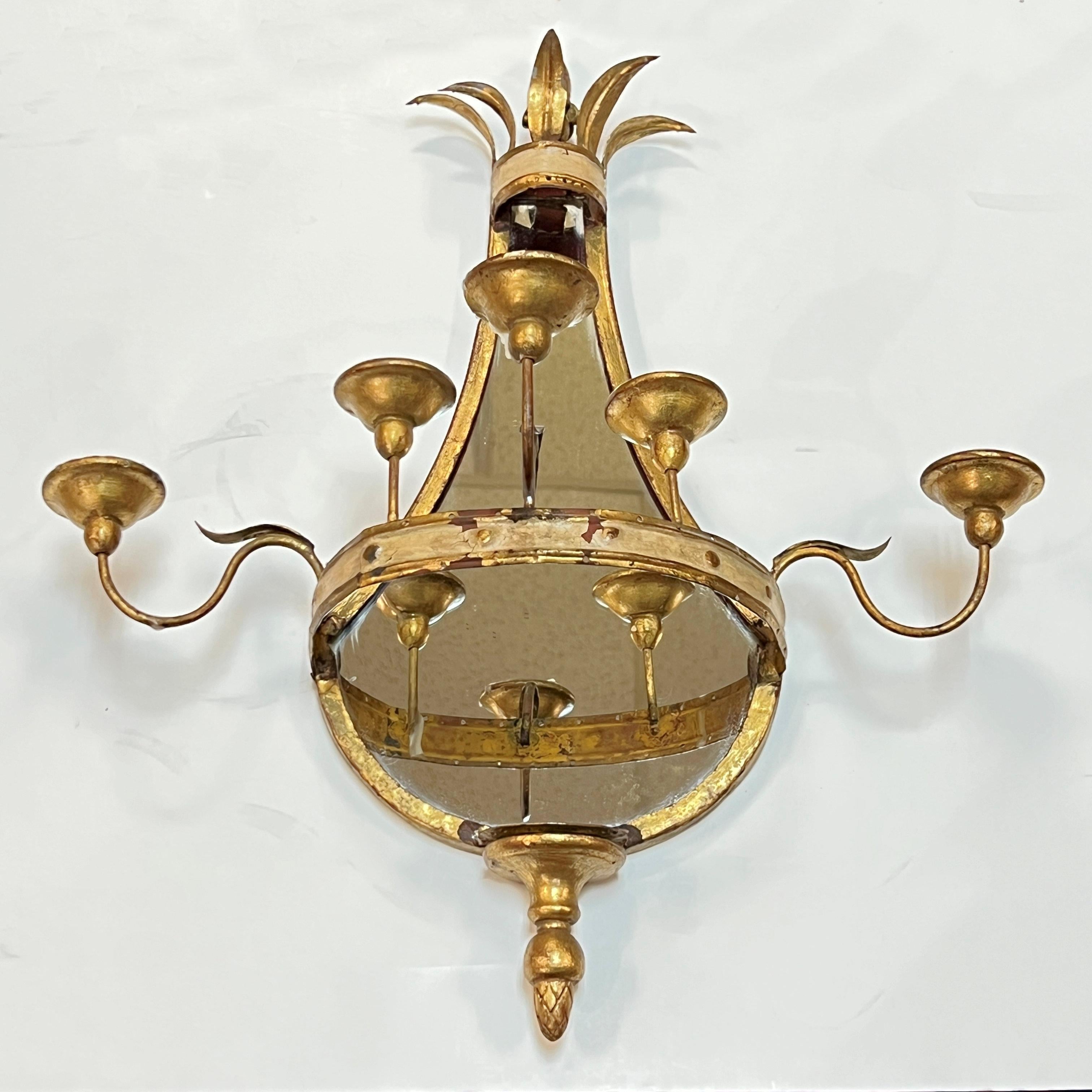 italien Pair Antique Gilt Metal 5-Light Girandole Mirrored Sconces en vente