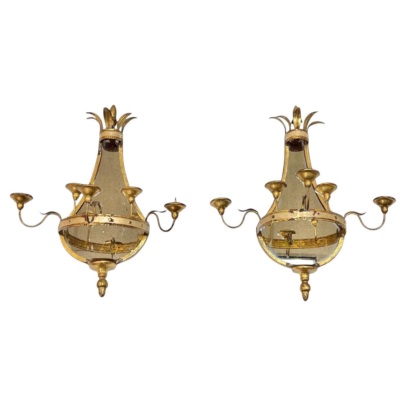 Pair Antique Gilt Metal 5-Light Girandole Mirrored Sconces