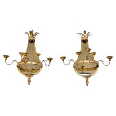 Pair Antique Gilt Metal 5-Light Girandole Mirrored Sconces