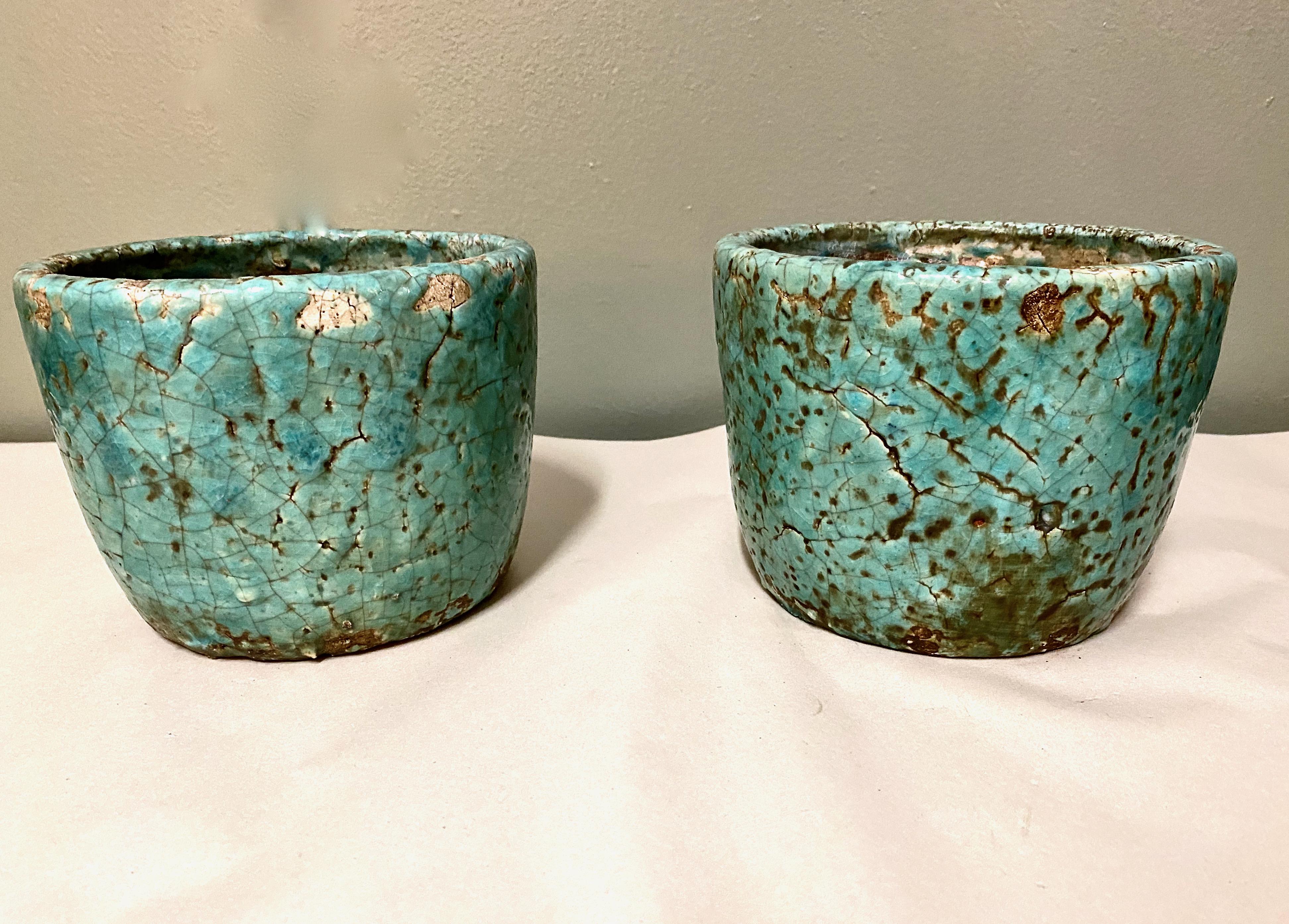 Pair Antique Glazed Terracotta Pots In Good Condition In Pasadena, CA
