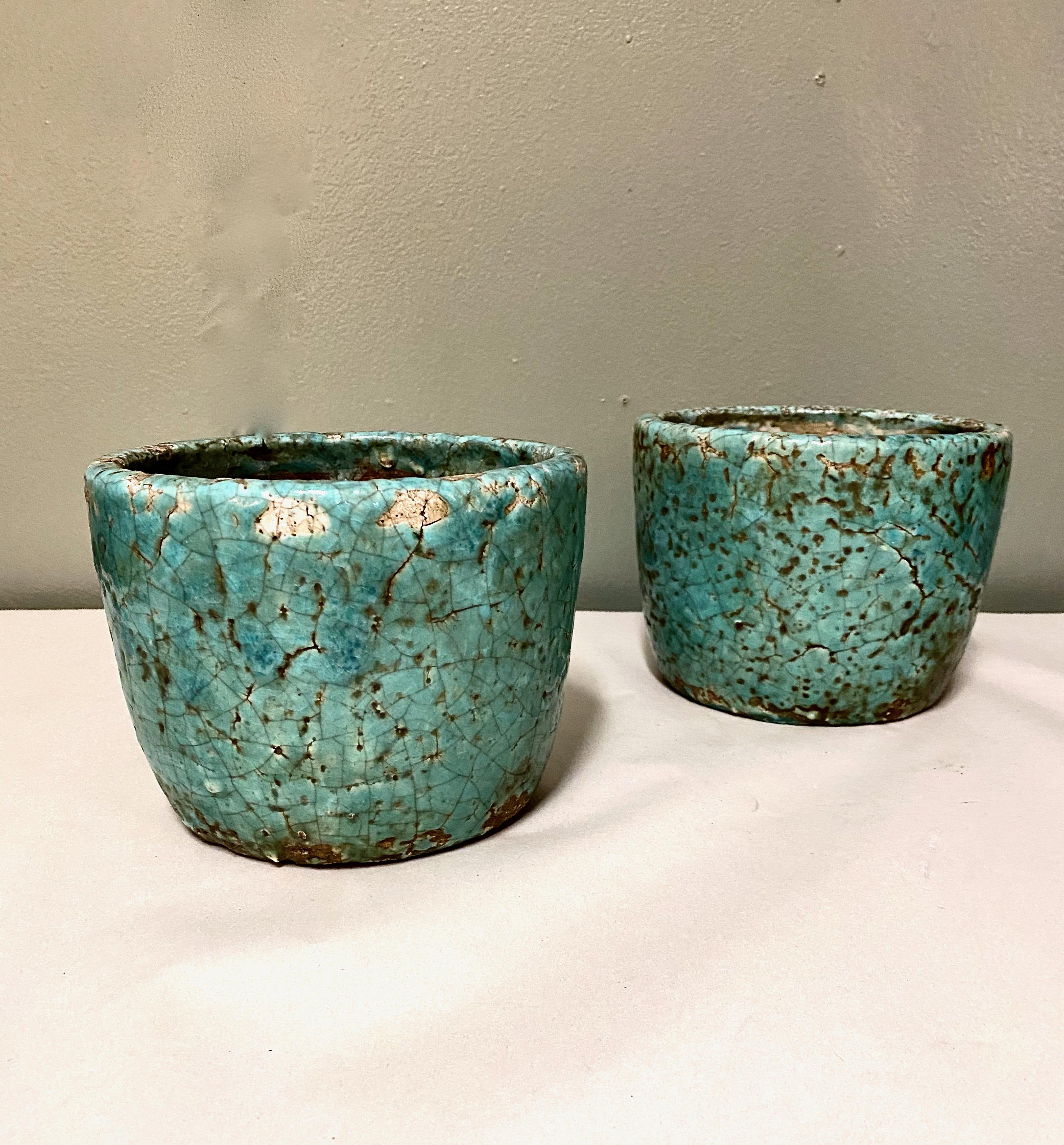19th Century Pair Antique Glazed Terracotta Pots