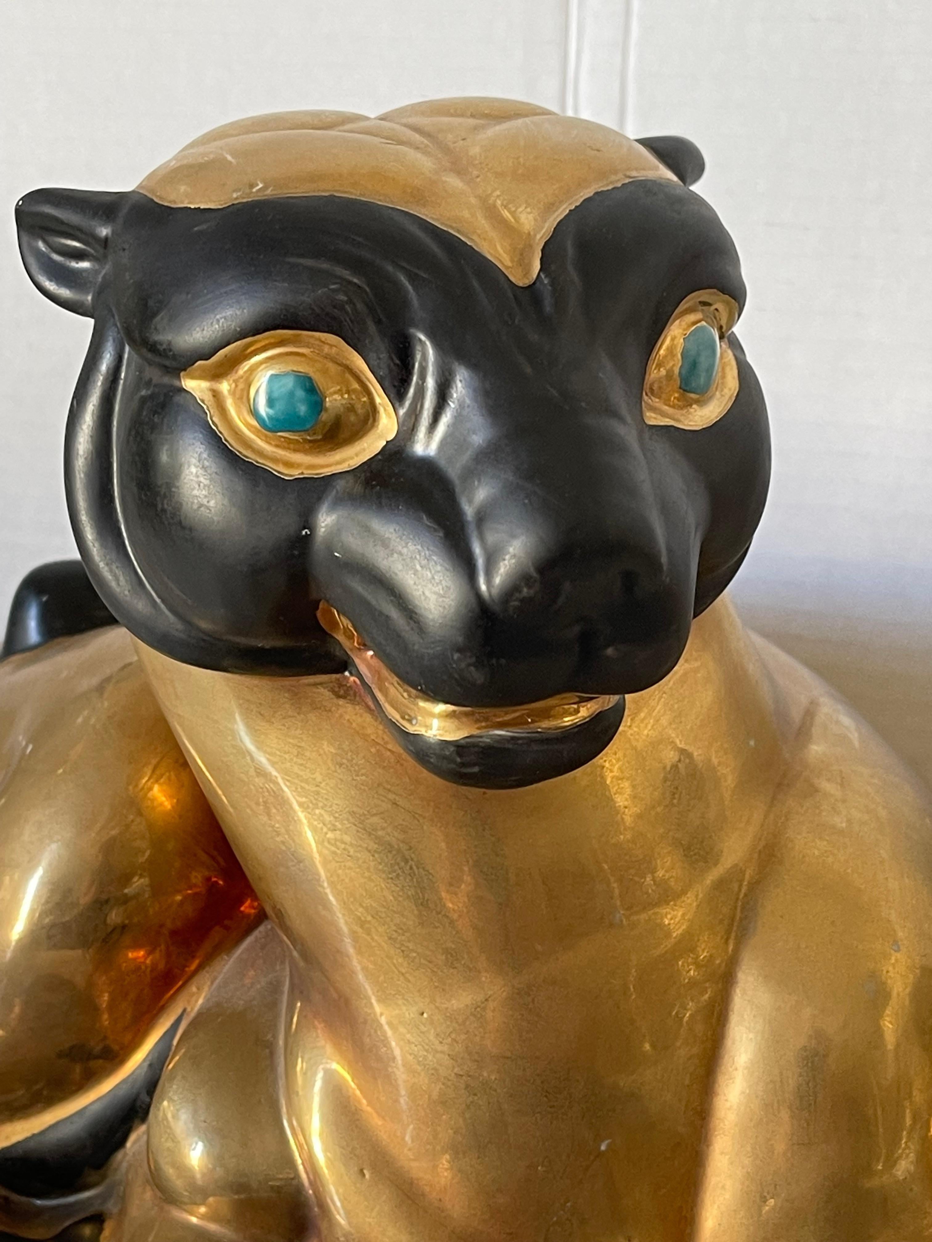 Pair Antique Gold Bastet Goddess of Women Cat Figurines Porcelain Sculptures In Good Condition For Sale In Boca Raton, FL
