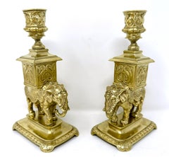 Pair Antique Gold Bronze Chinoiserie Candlesticks with Elephants, Circa 1910's.