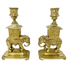 Pair Antique Gold Bronze Chinoiserie Candlesticks with Elephants, Circa 1910's.