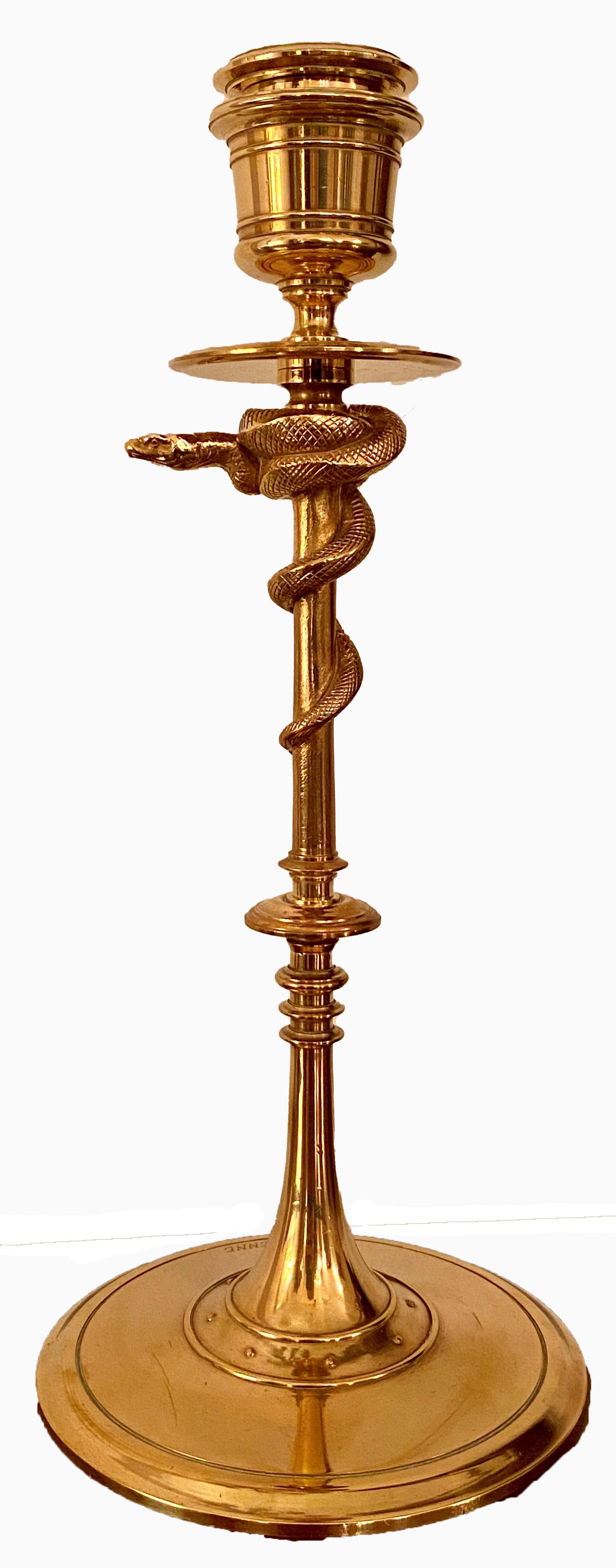 Pair of antique superb gold bronze snake candlesticks signed by Maker, Ferdinand Barbedienne (1810-1891).
Measures: 4-1/2
