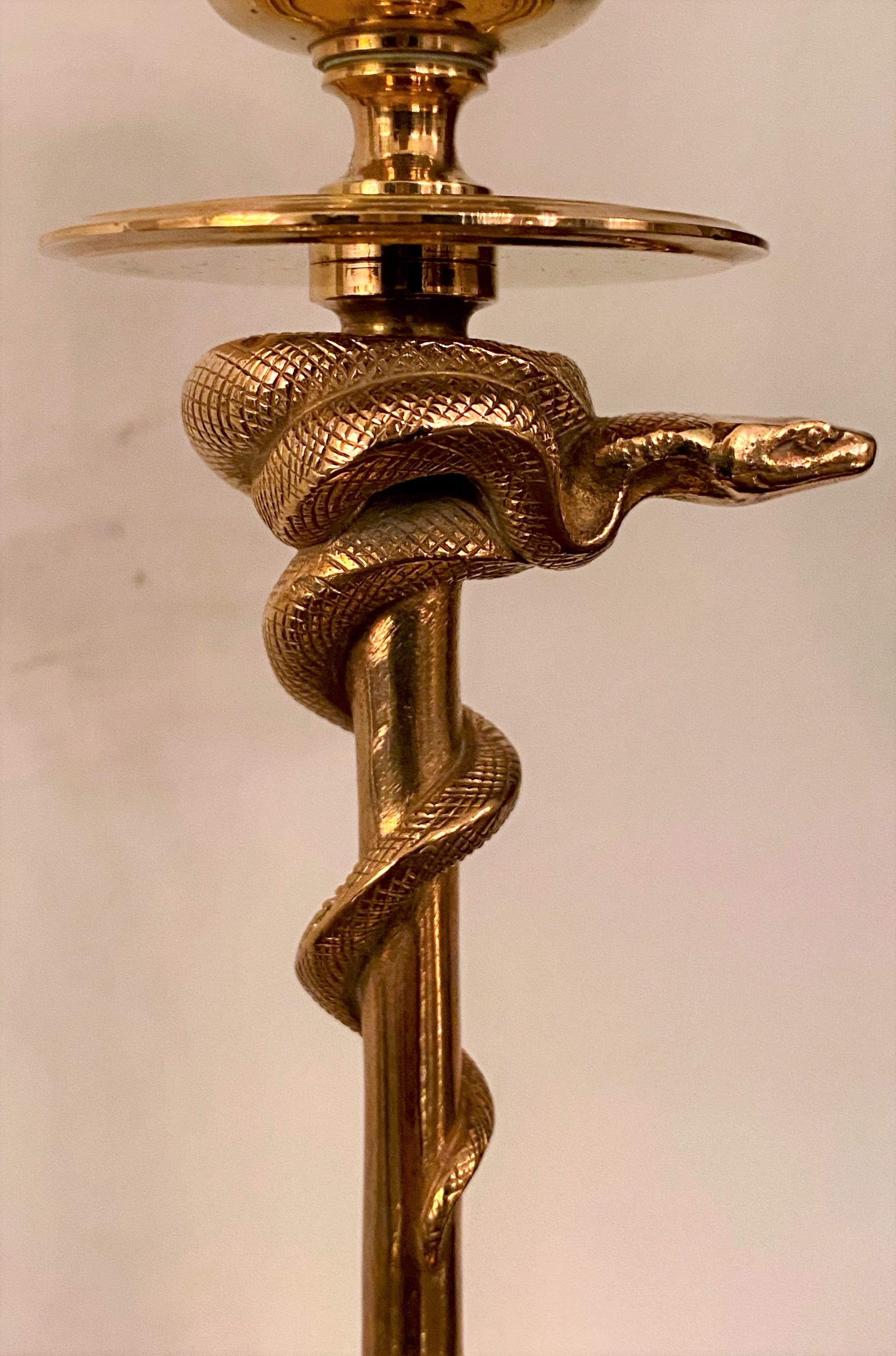 French Pair of Antique Gold Bronze Snake Candlesticks by Ferdinand Barbedienne