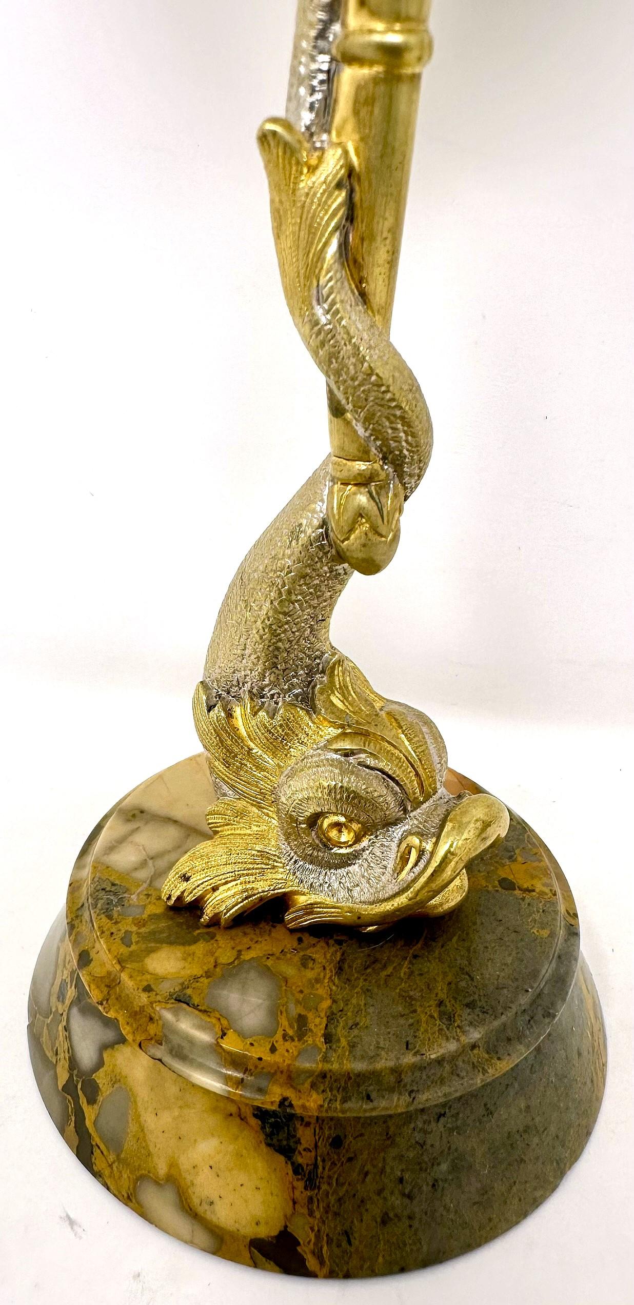 Pair Antique Gold Bronze and Silvered Bronze Figural Dolphin Fish Candlesticks with Marble Bases.