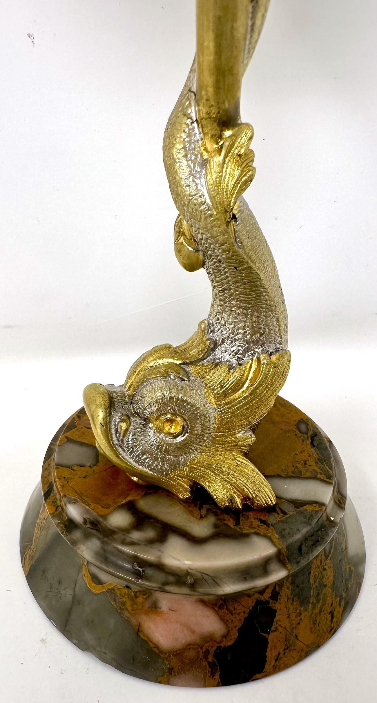Pair Antique Gold & Silvered Bronze and Marble Figural Dolphin Fish Candlesticks In Good Condition For Sale In New Orleans, LA