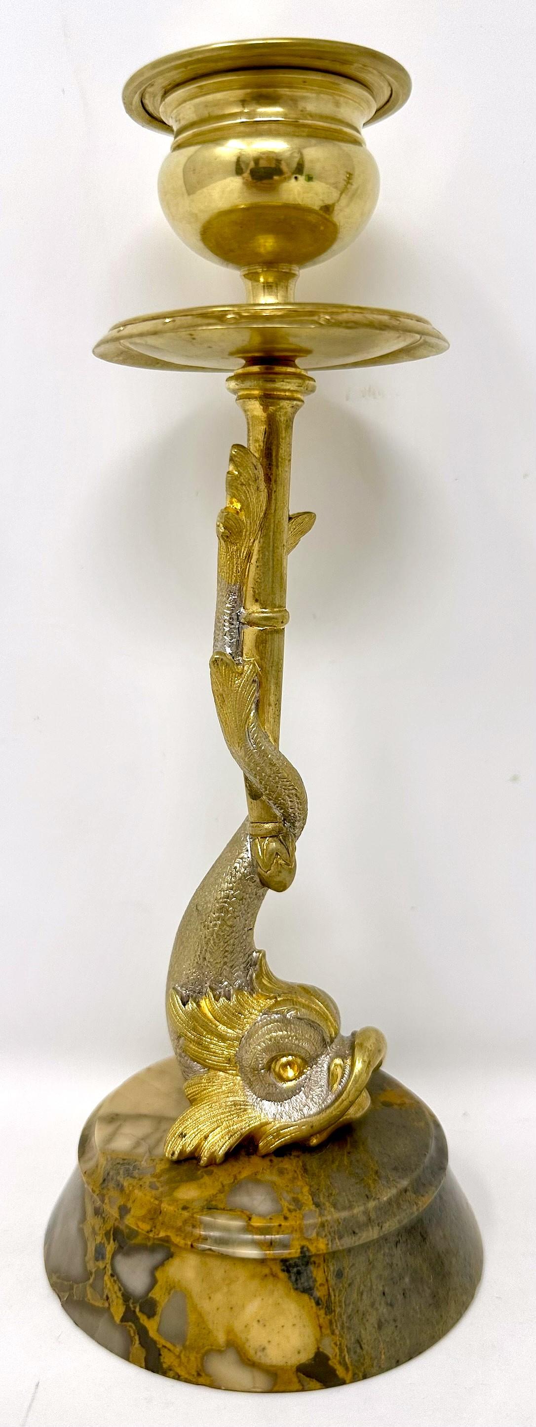 20th Century Pair Antique Gold & Silvered Bronze and Marble Figural Dolphin Fish Candlesticks For Sale