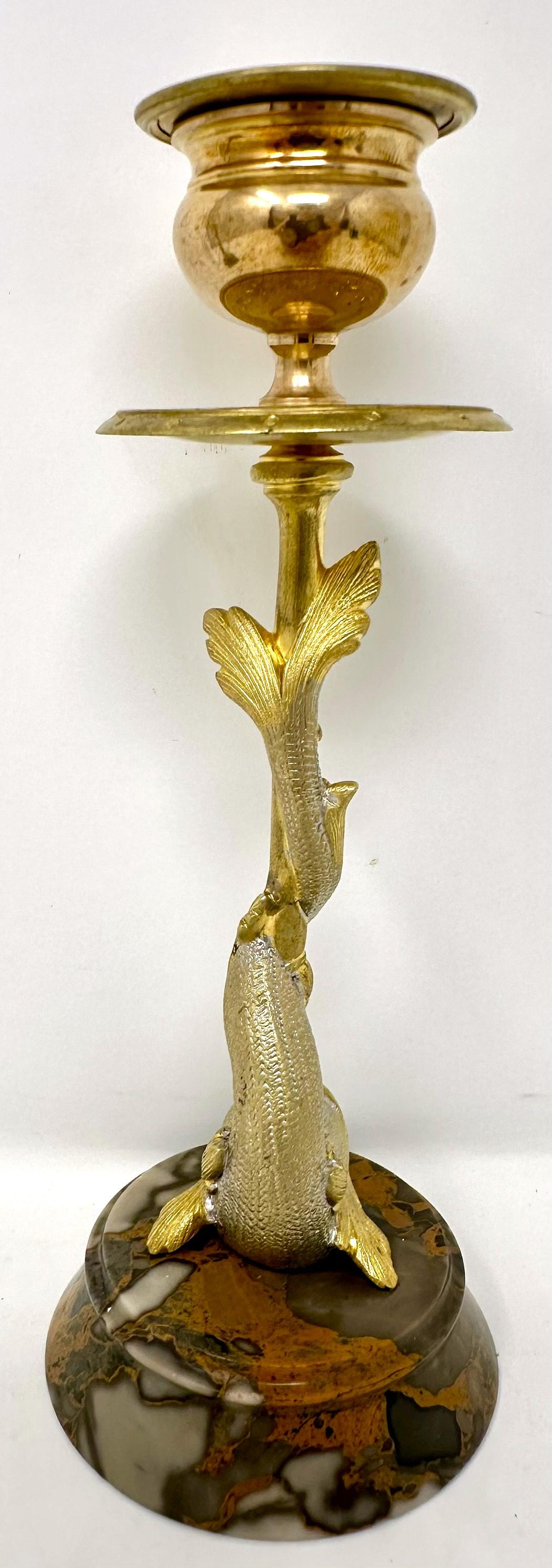 Pair Antique Gold & Silvered Bronze and Marble Figural Dolphin Fish Candlesticks For Sale 2