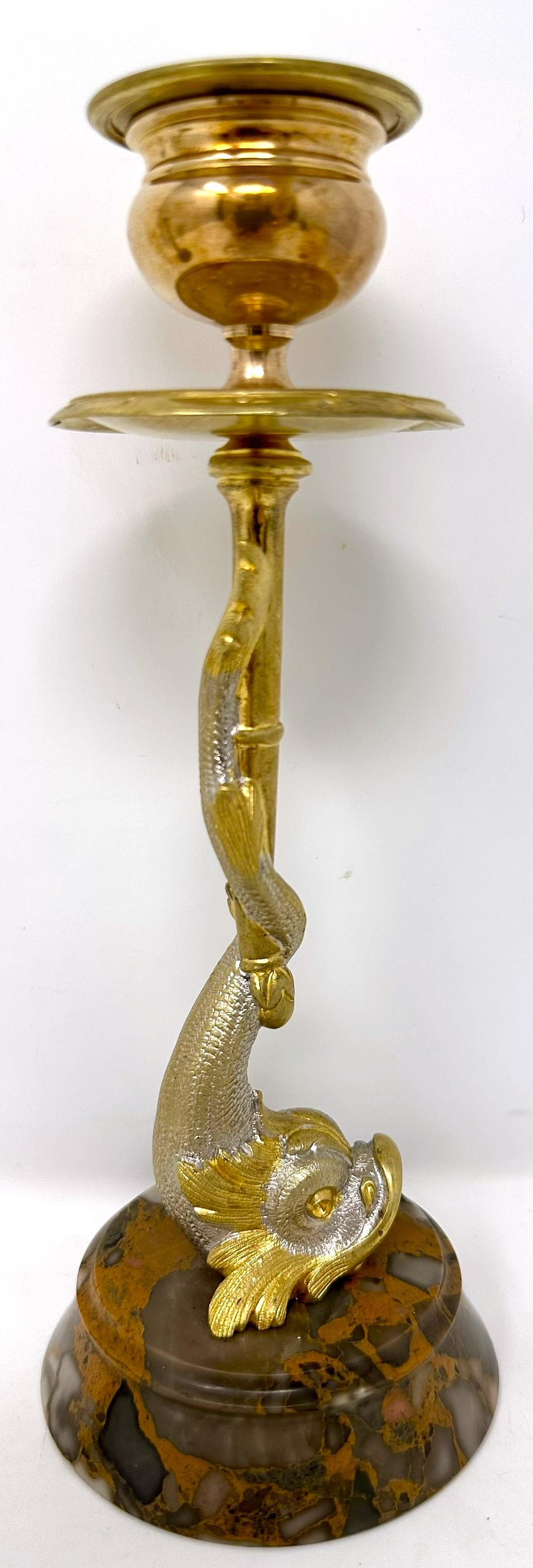 Pair Antique Gold & Silvered Bronze and Marble Figural Dolphin Fish Candlesticks For Sale 3