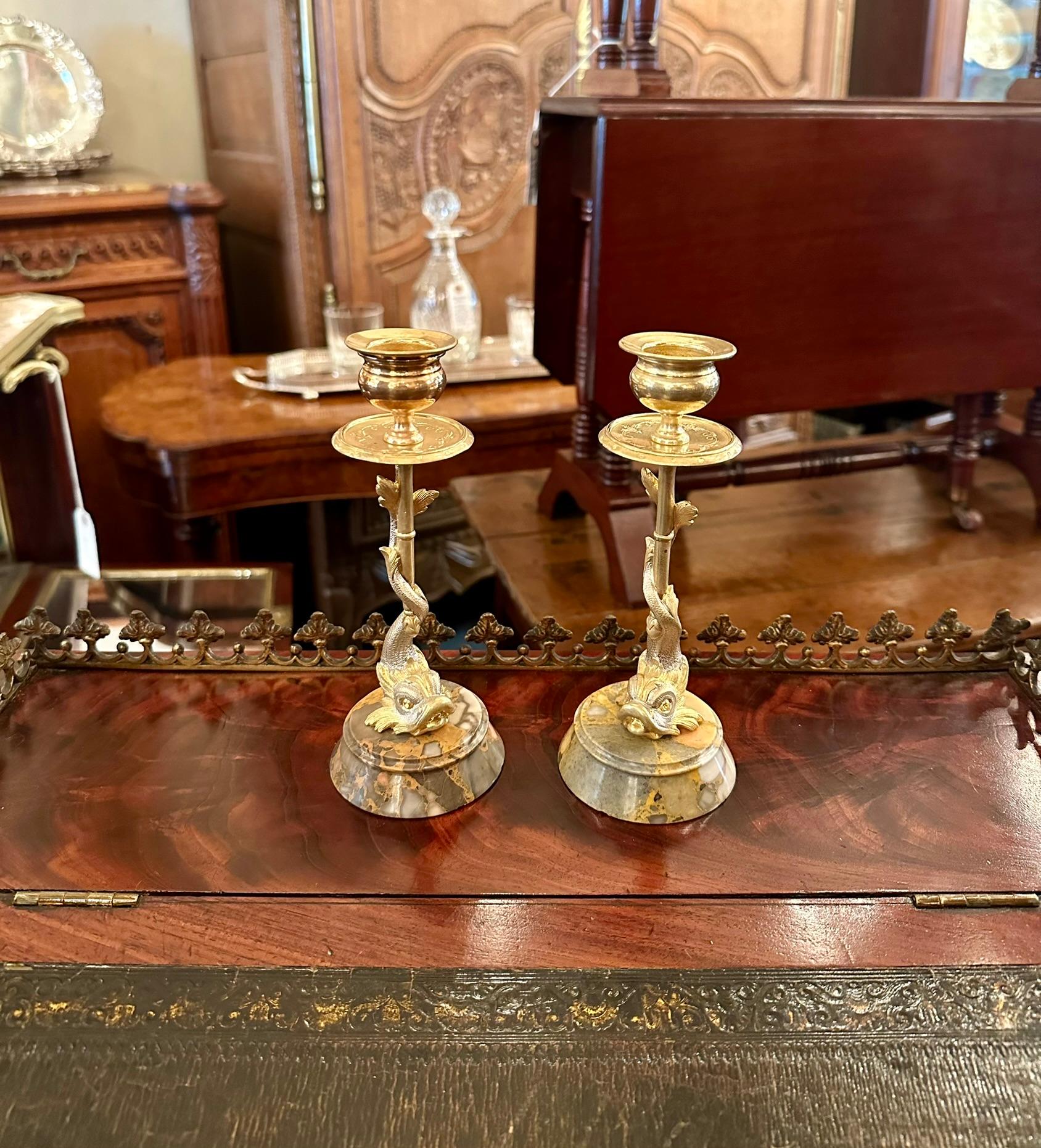 Pair Antique Gold & Silvered Bronze and Marble Figural Dolphin Fish Candlesticks For Sale 5