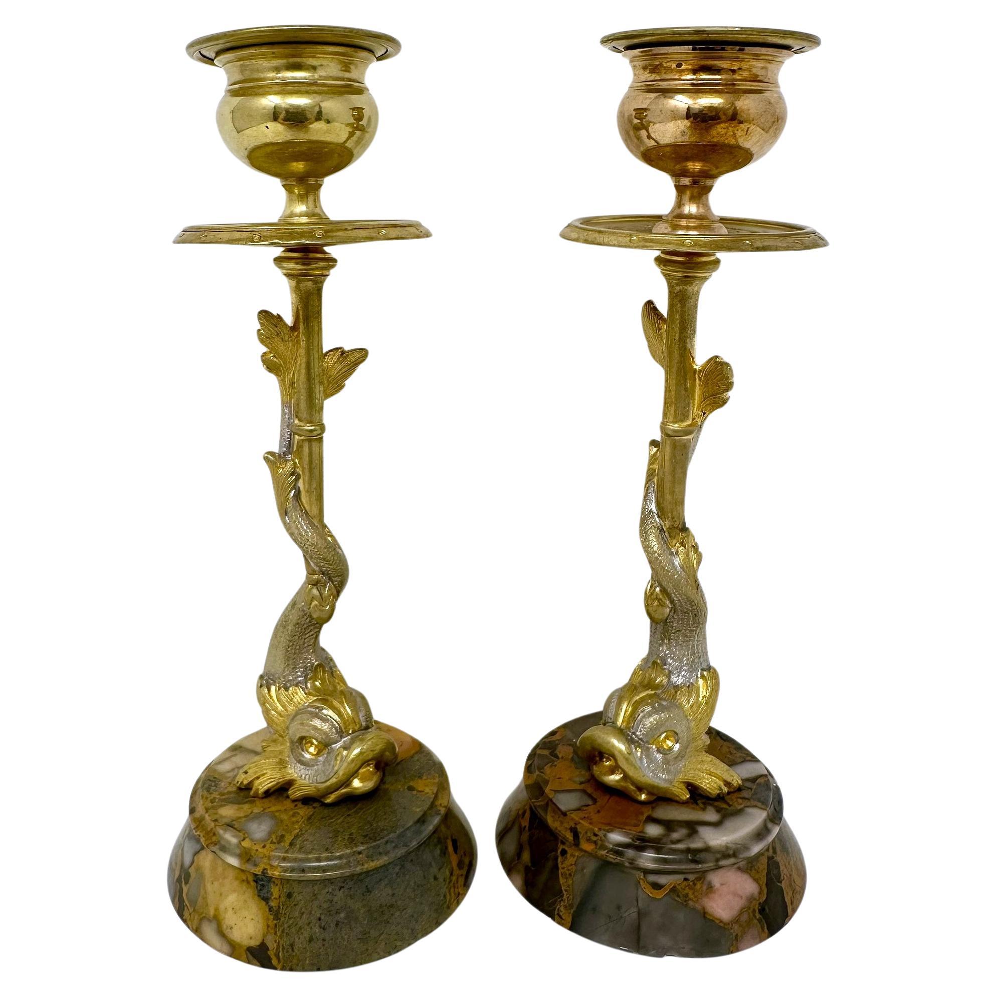 Pair Antique Gold & Silvered Bronze and Marble Figural Dolphin Fish Candlesticks For Sale