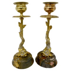 Pair Antique Gold & Silvered Bronze and Marble Figural Dolphin Fish Candlesticks