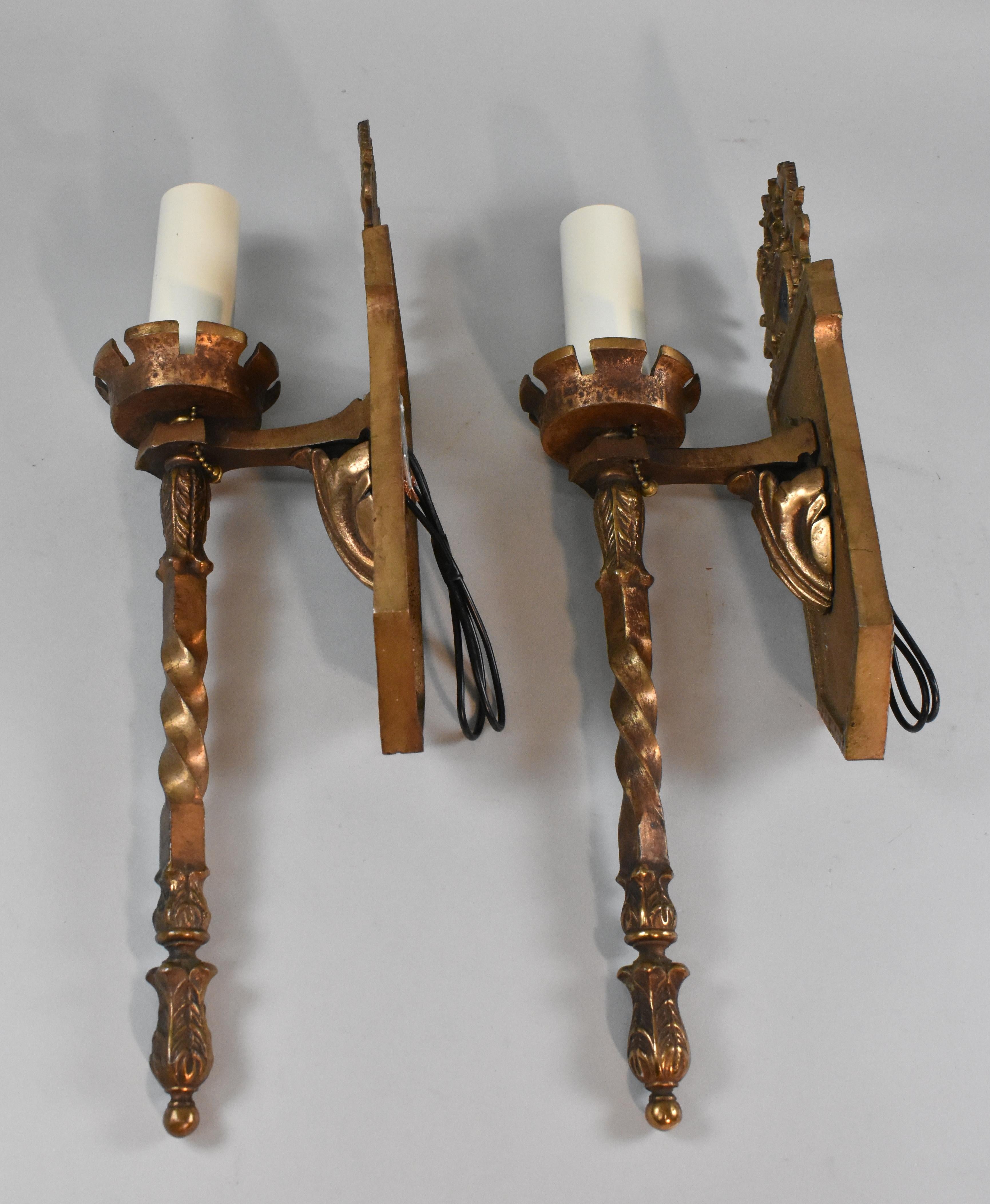 Pair of Antique Gothic Brass Wall Sconces Unicorns, Shield with Thistle 1