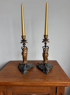 Pair Antique Gothic Revival Spelter Angel Candlesticks, circa 1900