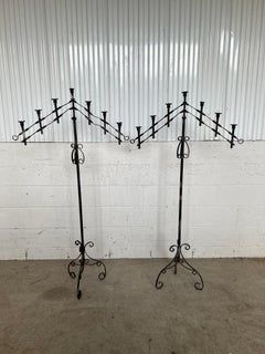 Pair, Antique Gothic Wrought Iron Adjustable Floor Standing Candelabra