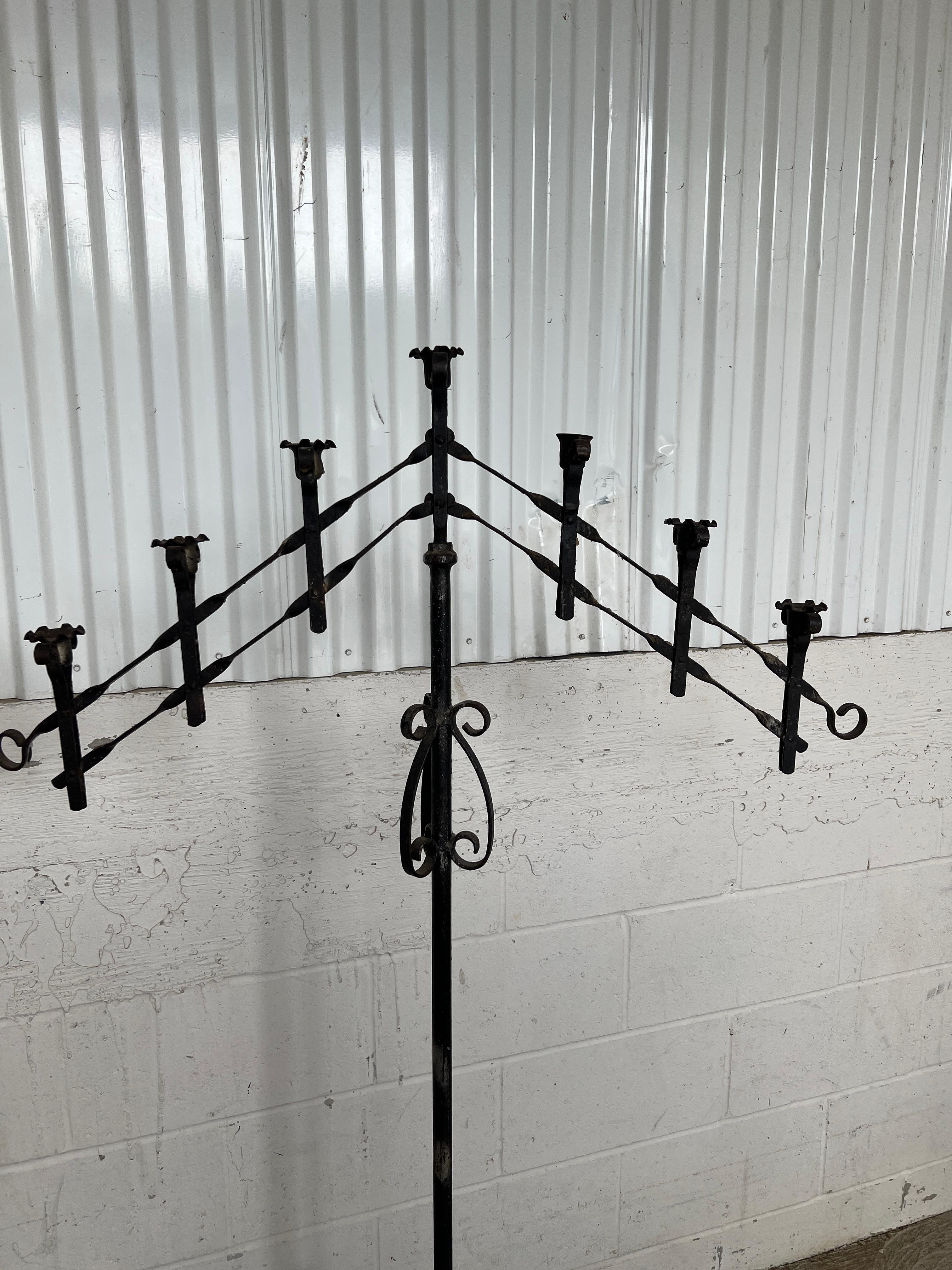 Spanish Pair, Antique Gothic Wrought Iron Adjustable Floor Standing Candelabra For Sale
