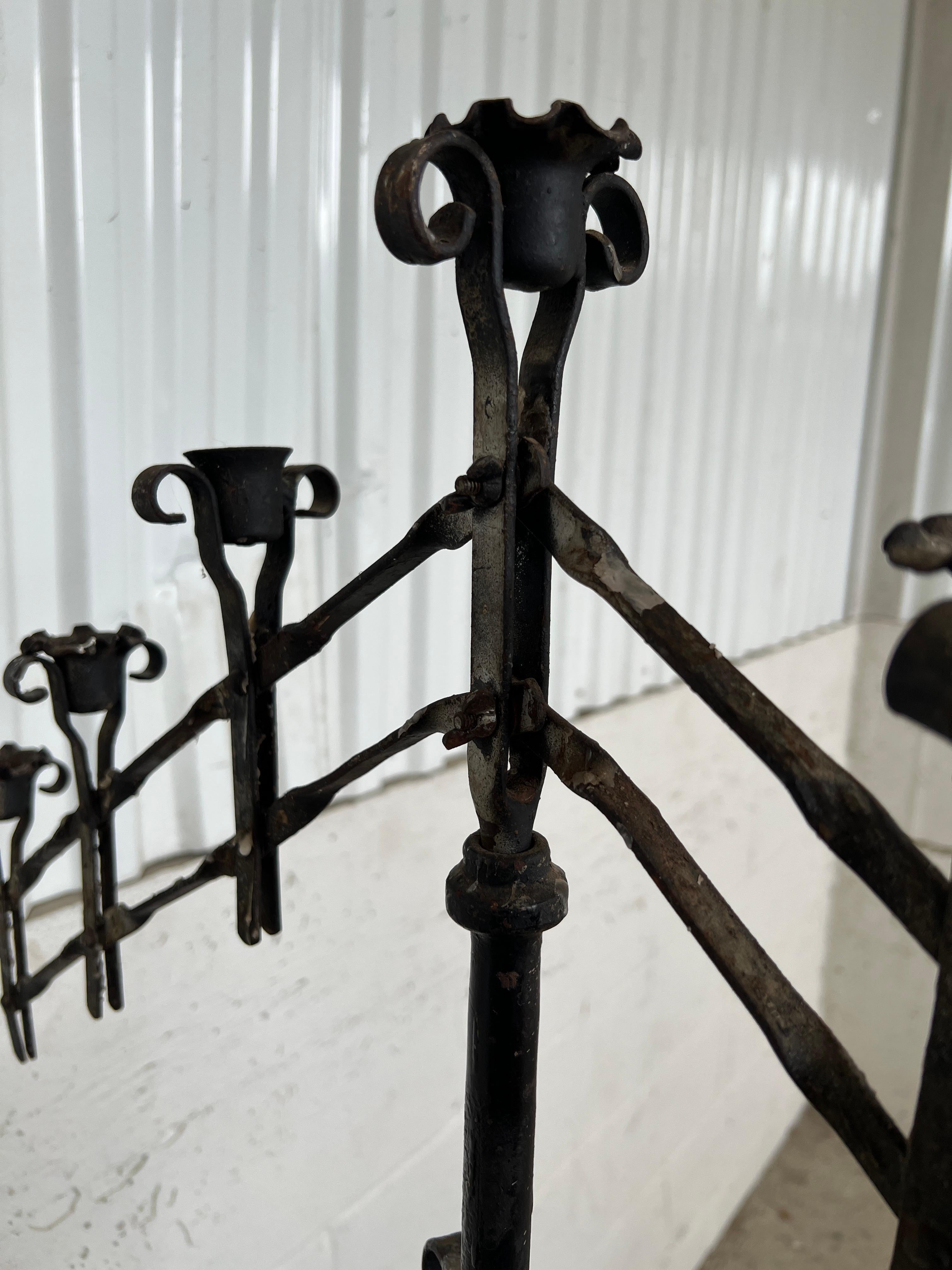 Pair, Antique Gothic Wrought Iron Adjustable Floor Standing Candelabra In Good Condition For Sale In Atlanta, GA