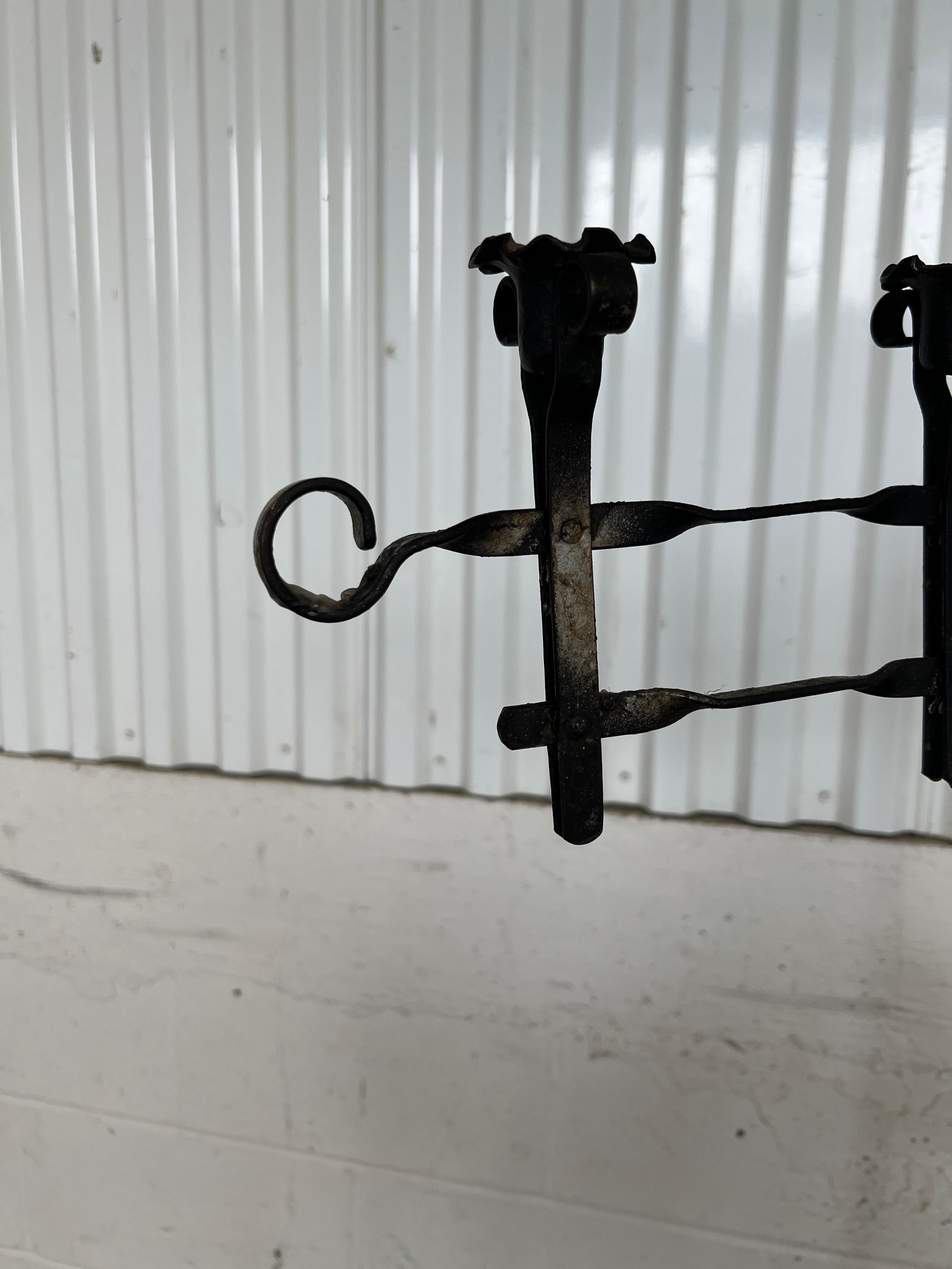20th Century Pair, Antique Gothic Wrought Iron Adjustable Floor Standing Candelabra For Sale