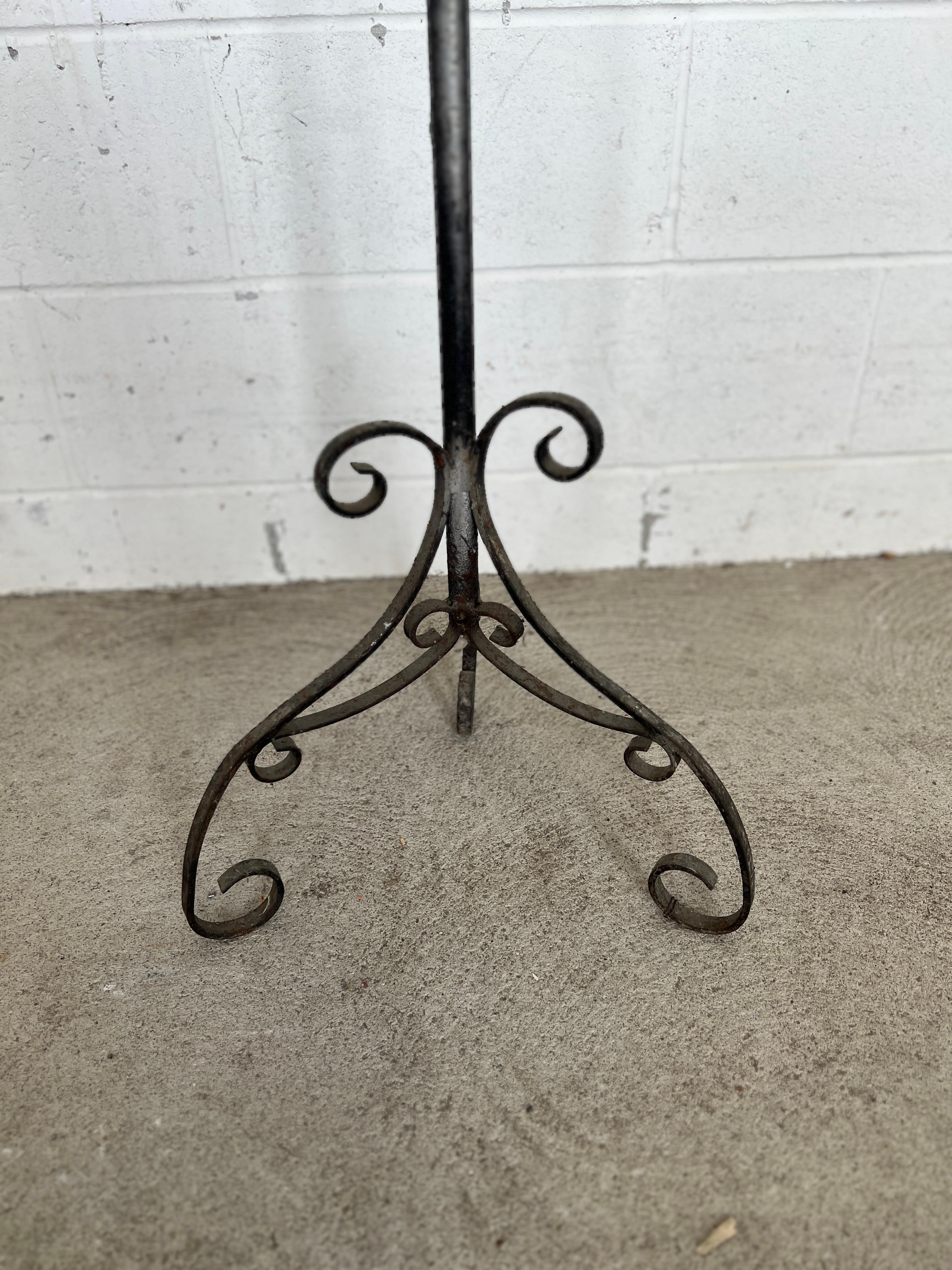 Pair, Antique Gothic Wrought Iron Adjustable Floor Standing Candelabra For Sale 1