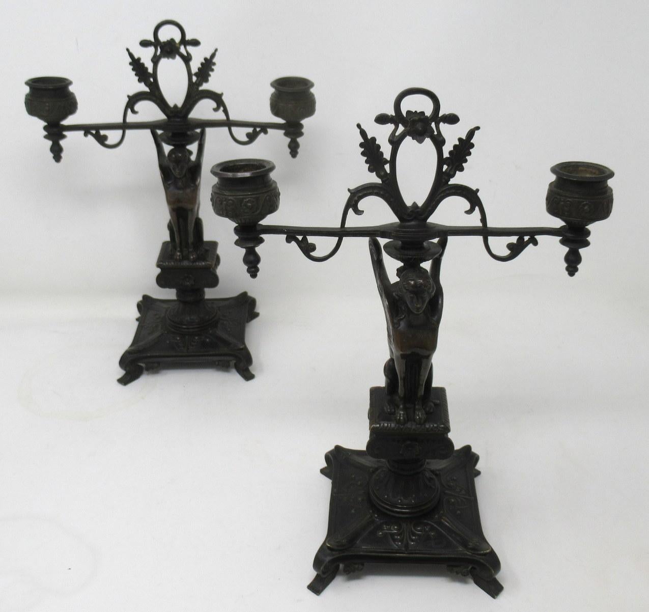 A fine pair of stylish and imposing french grand tour style patinated bronze twin light Candelabra modelled to depict two identical seated Winged Sphinx of outstanding quality. First quarter of the Nineteenth Century. 

Each figure firmly seated
