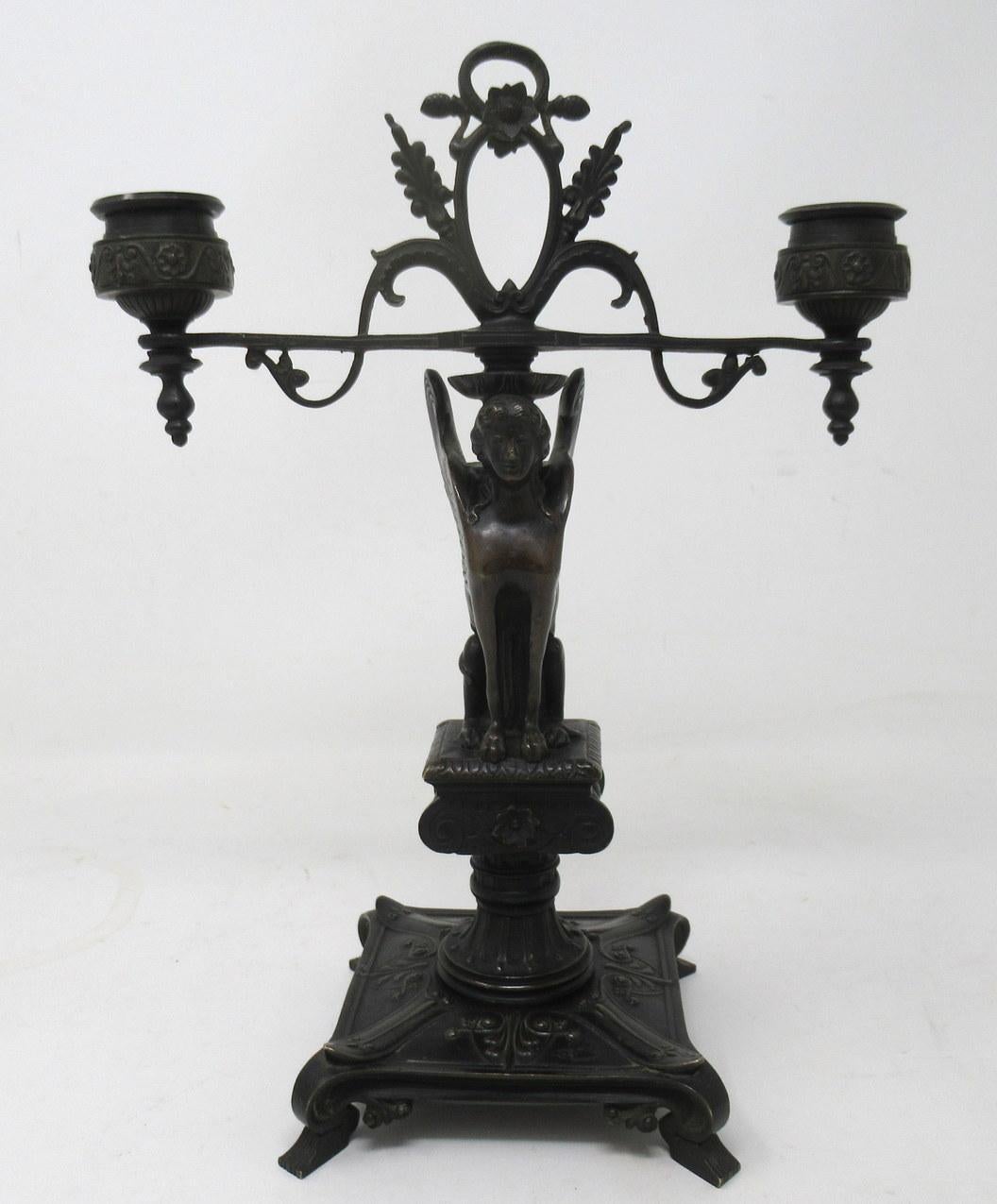 Cast Pair Antique Grand Tour French Bronze Egyptian Winged Sphinx Candelabra Regency
