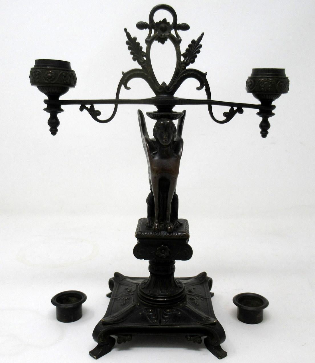 Pair Antique Grand Tour French Bronze Egyptian Winged Sphinx Candelabra Regency In Good Condition In Dublin, Ireland