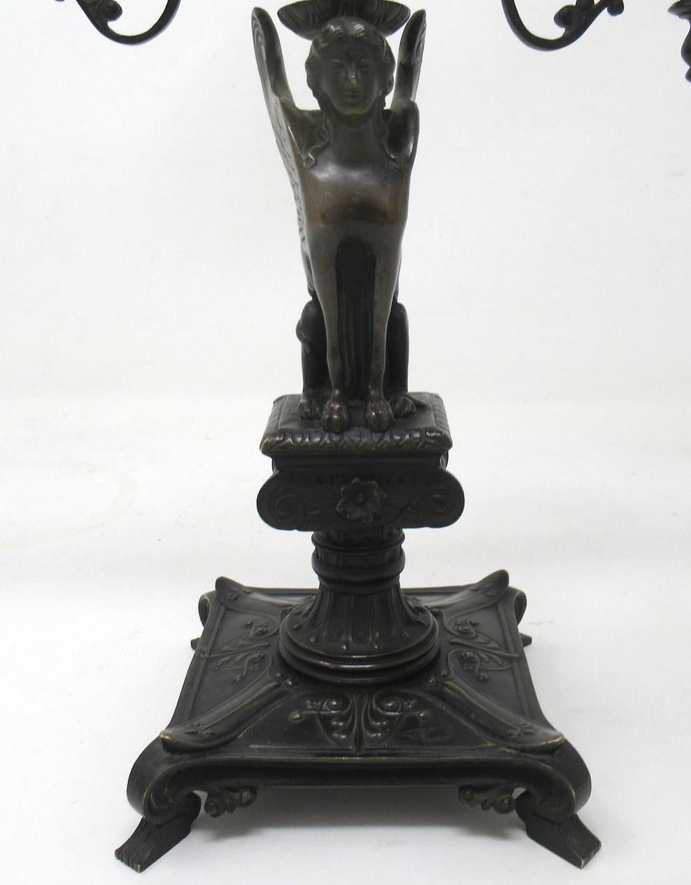 19th Century Pair Antique Grand Tour French Bronze Egyptian Winged Sphinx Candelabra Regency