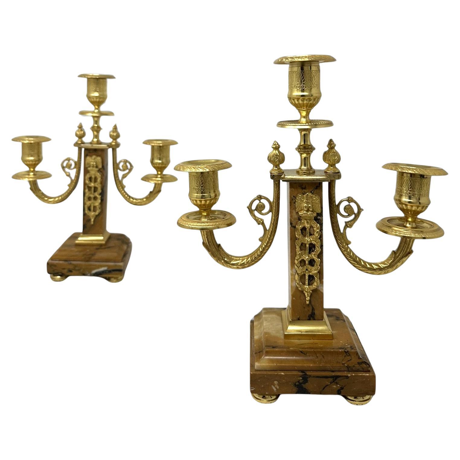 Paire de chandeliers anciens Grand Tour de l'Empire français en bronze et bronze doré 19 ct