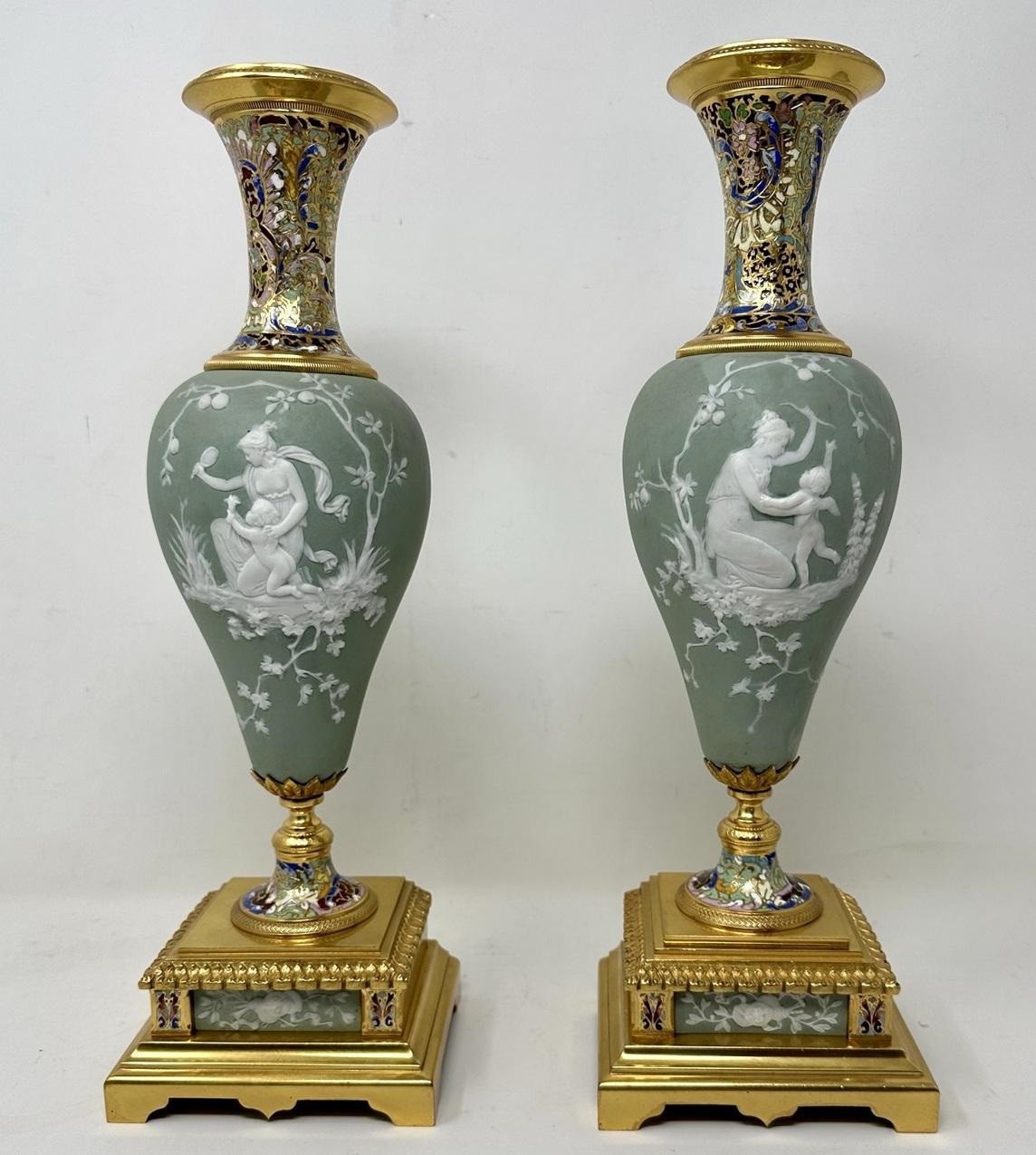 Victorian Pair Antique Grand Tour French Empire Pate-sur-Pate Jasperware Ormolu Urns Vases