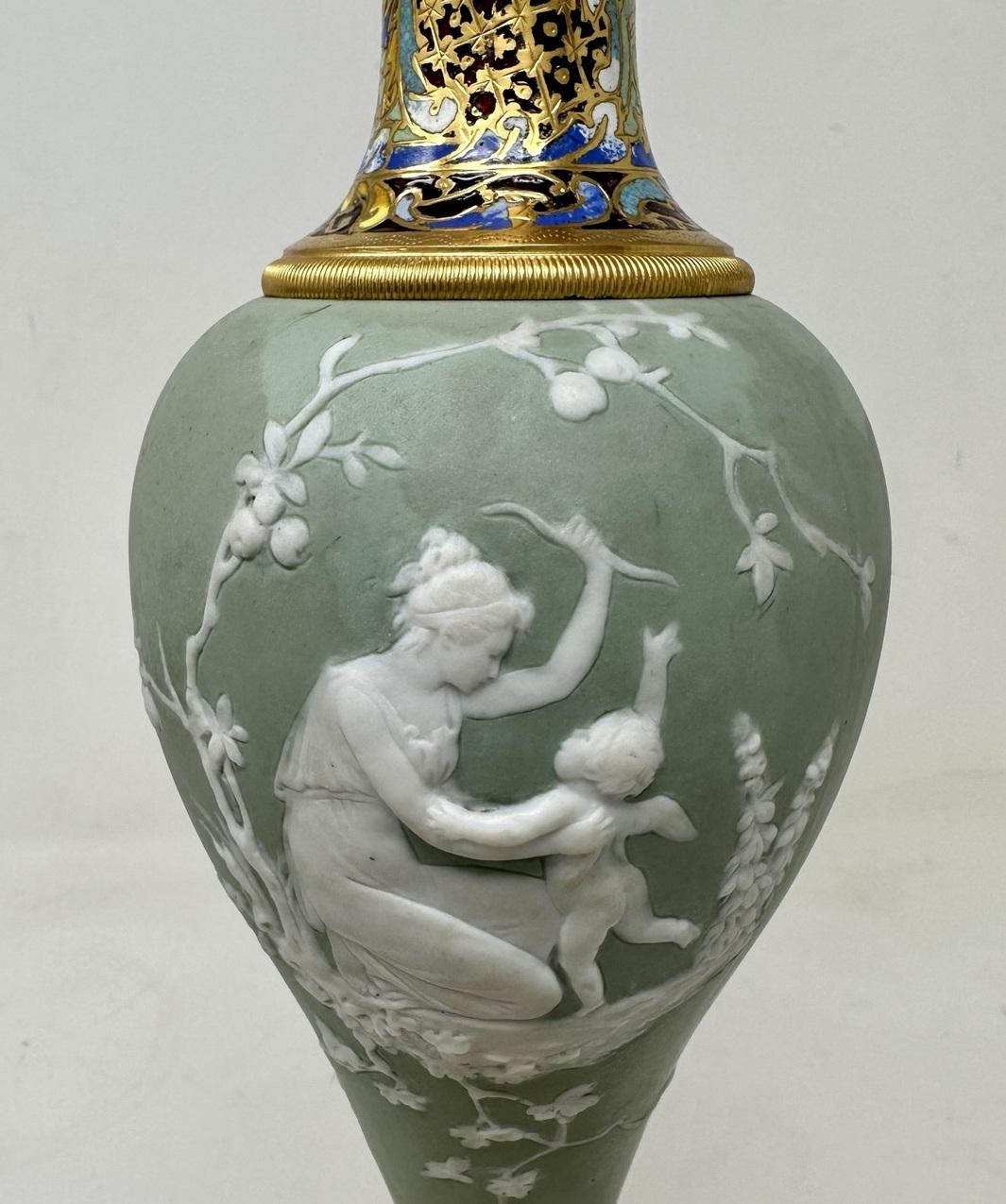19th Century Pair Antique Grand Tour French Empire Pate-sur-Pate Jasperware Ormolu Urns Vases