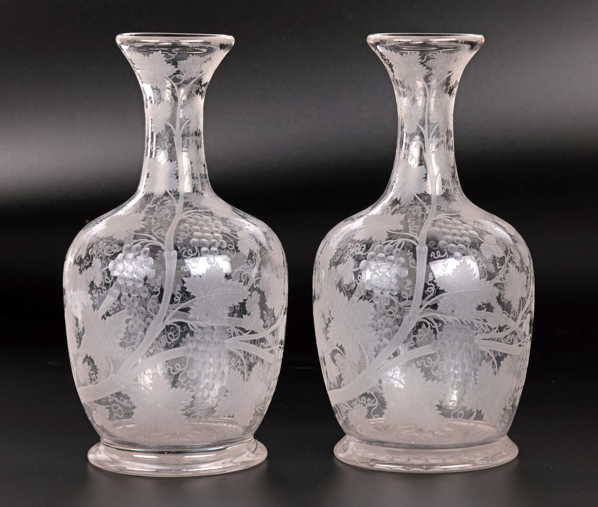 Pair Antique Grape Vine Engraved and Etched Glass Carafes For Sale 4