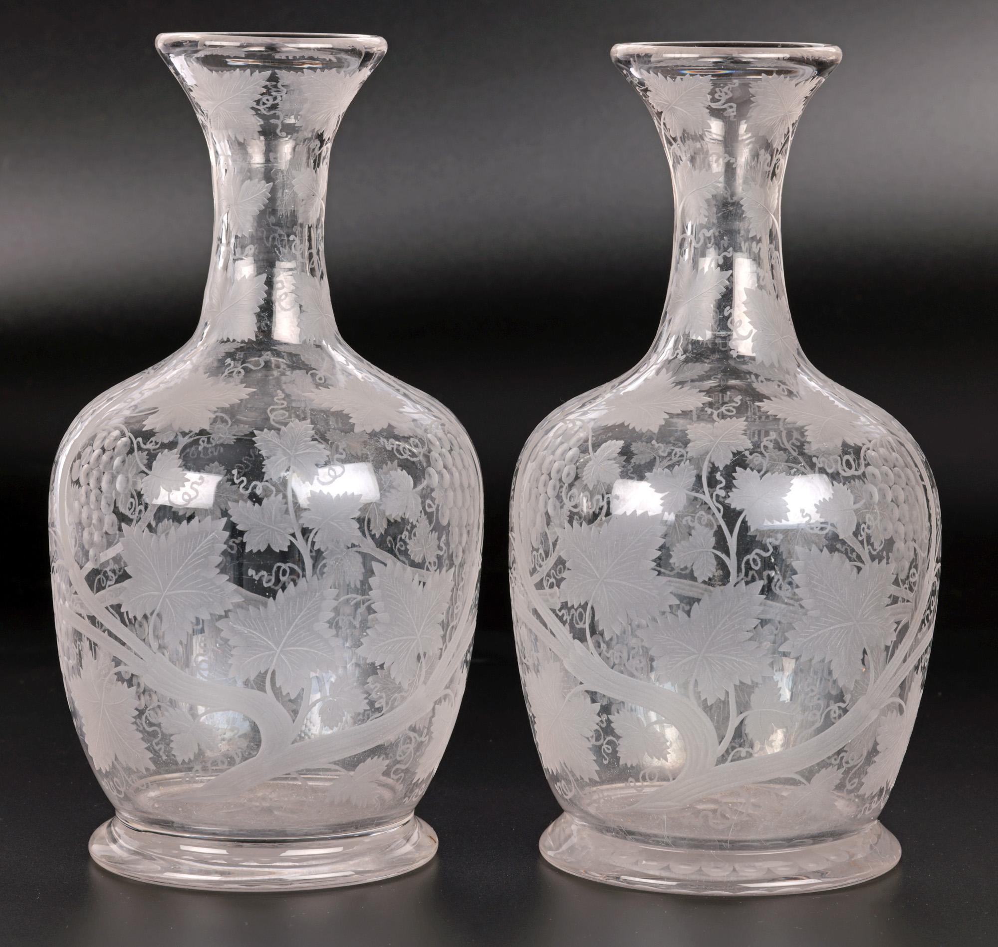 Pair Antique Grape Vine Engraved and Etched Glass Carafes For Sale 8