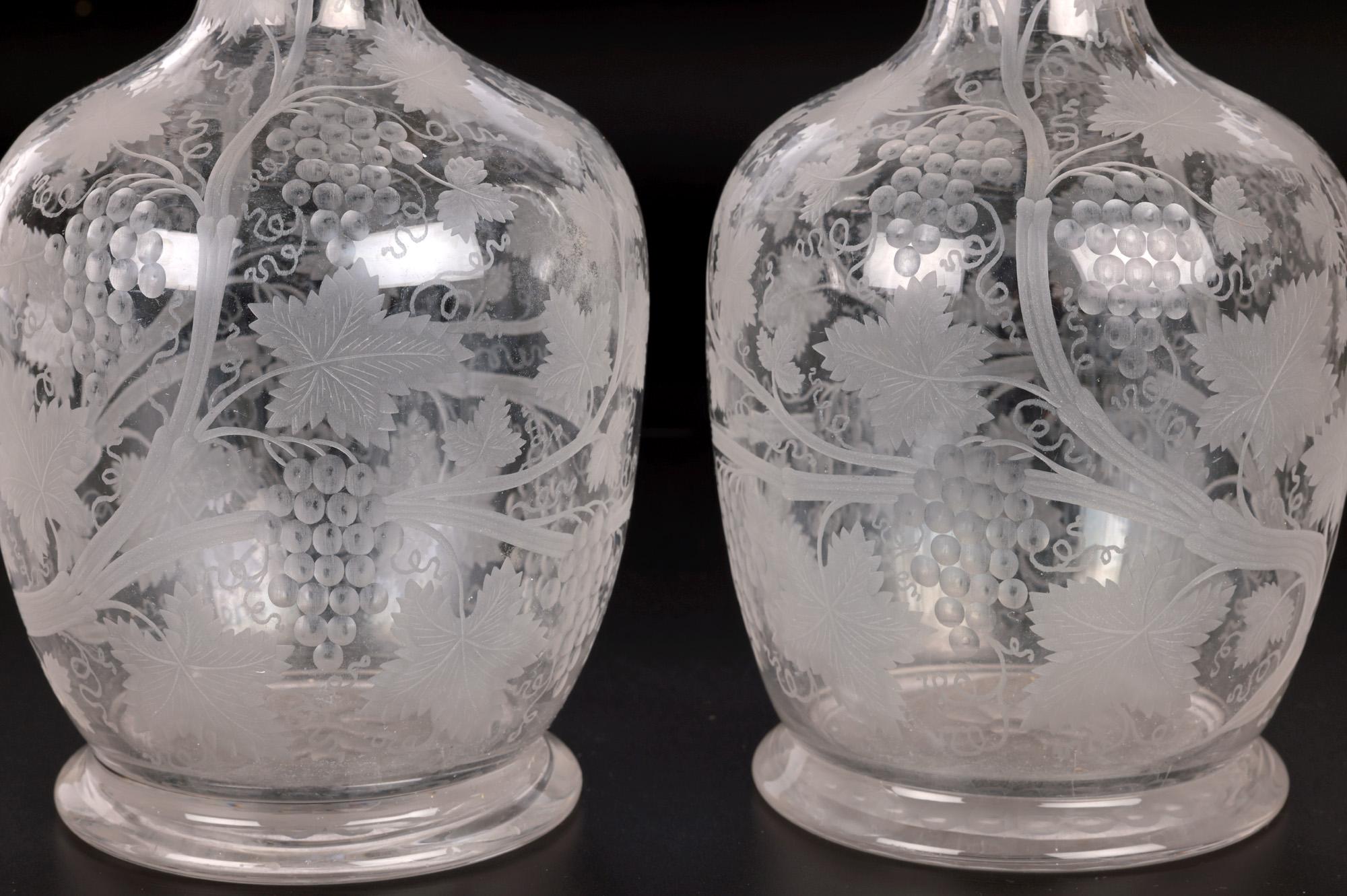 Pair Antique Grape Vine Engraved and Etched Glass Carafes For Sale 10