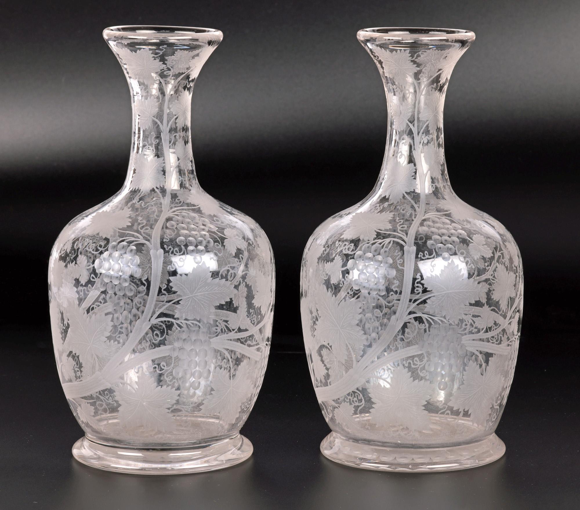 Pair Antique Grape Vine Engraved and Etched Glass Carafes For Sale 11