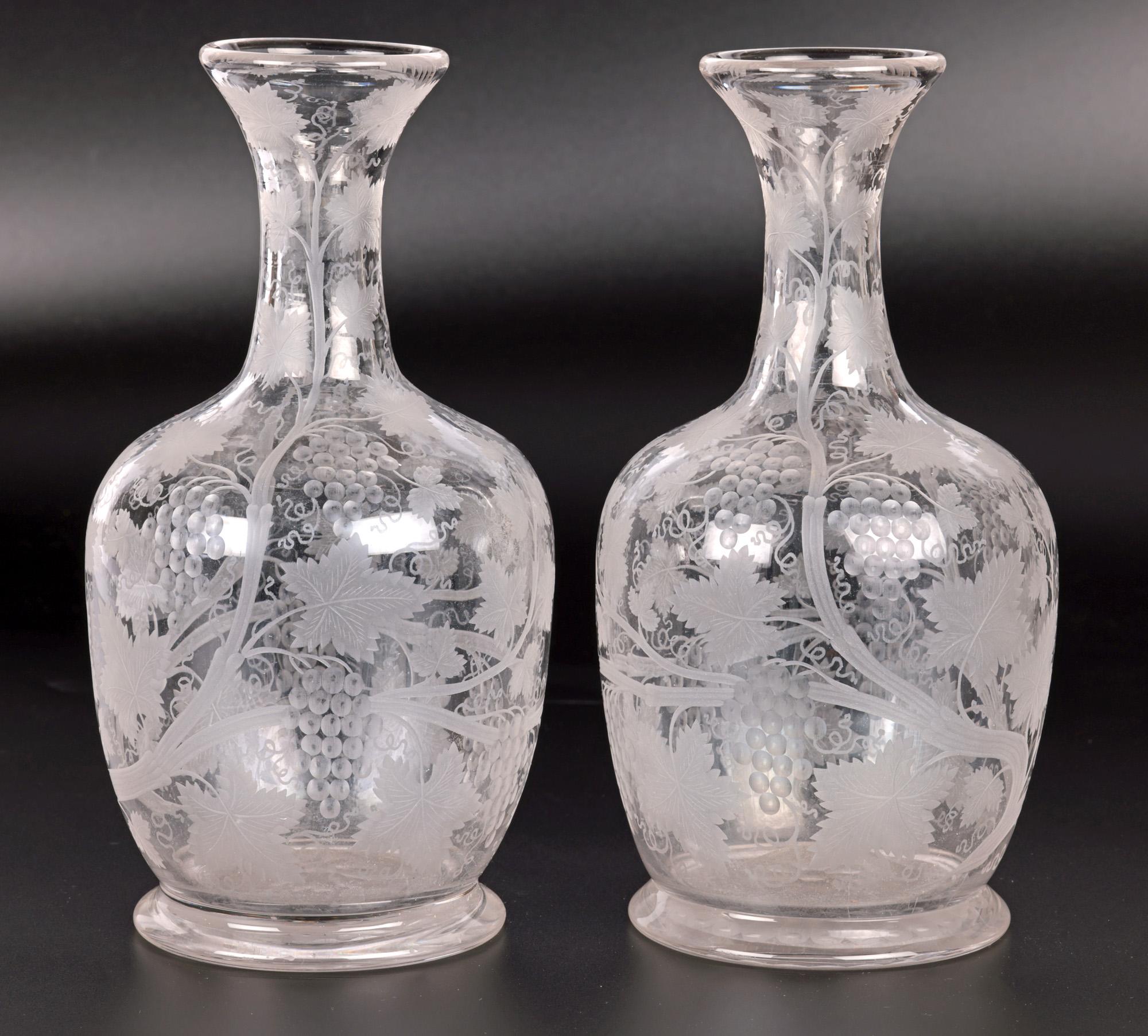 Pair Antique Grape Vine Engraved and Etched Glass Carafes For Sale 13