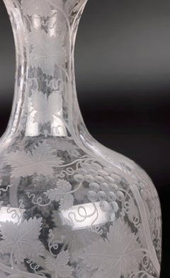 Pair Antique Grape Vine Engraved and Etched Glass Carafes