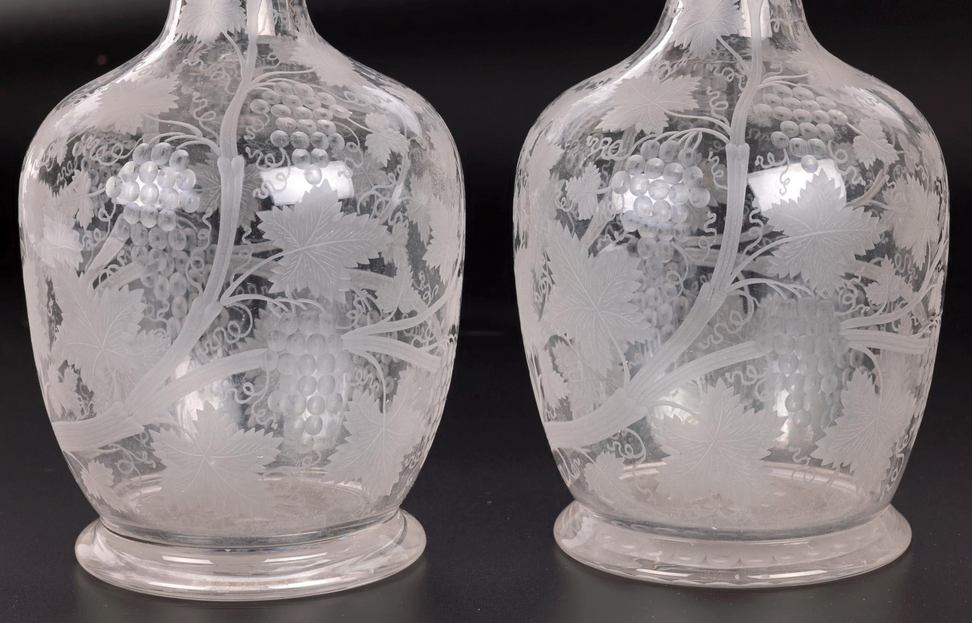 English Pair Antique Grape Vine Engraved and Etched Glass Carafes For Sale