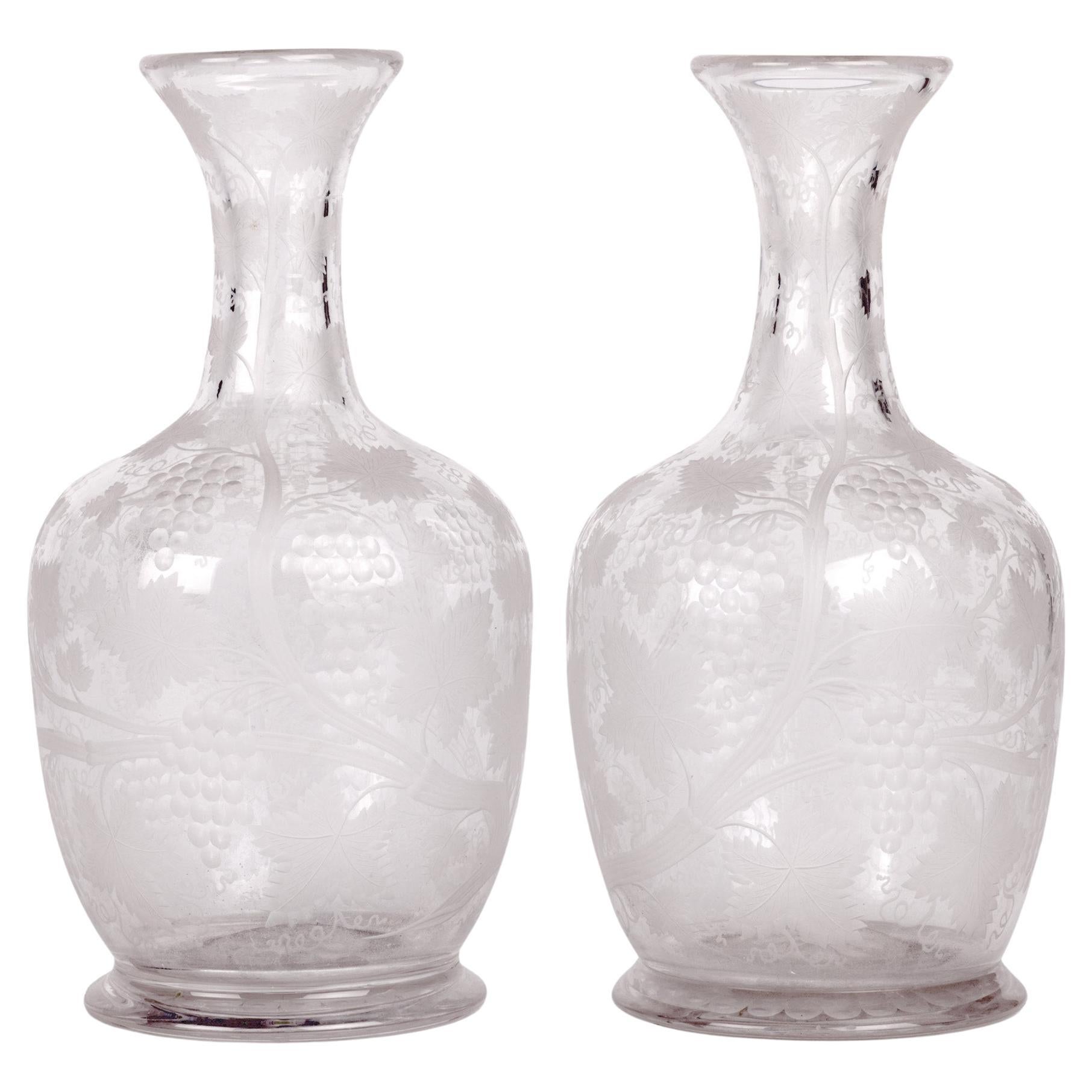 Pair Antique Grape Vine Engraved and Etched Glass Carafes For Sale