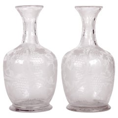 Pair Antique Grape Vine Engraved and Etched Glass Carafes