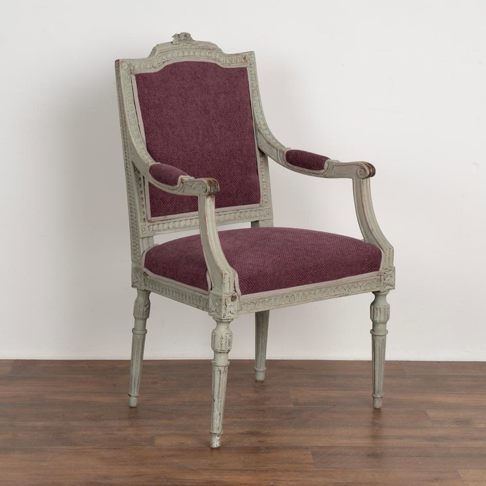 Swedish Pair, Antique Gray Painted Gustavian Arm Chairs, Sweden, circa 1880 For Sale