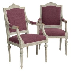 Pair, Antique Gray Painted Gustavian Arm Chairs, Sweden, circa 1880